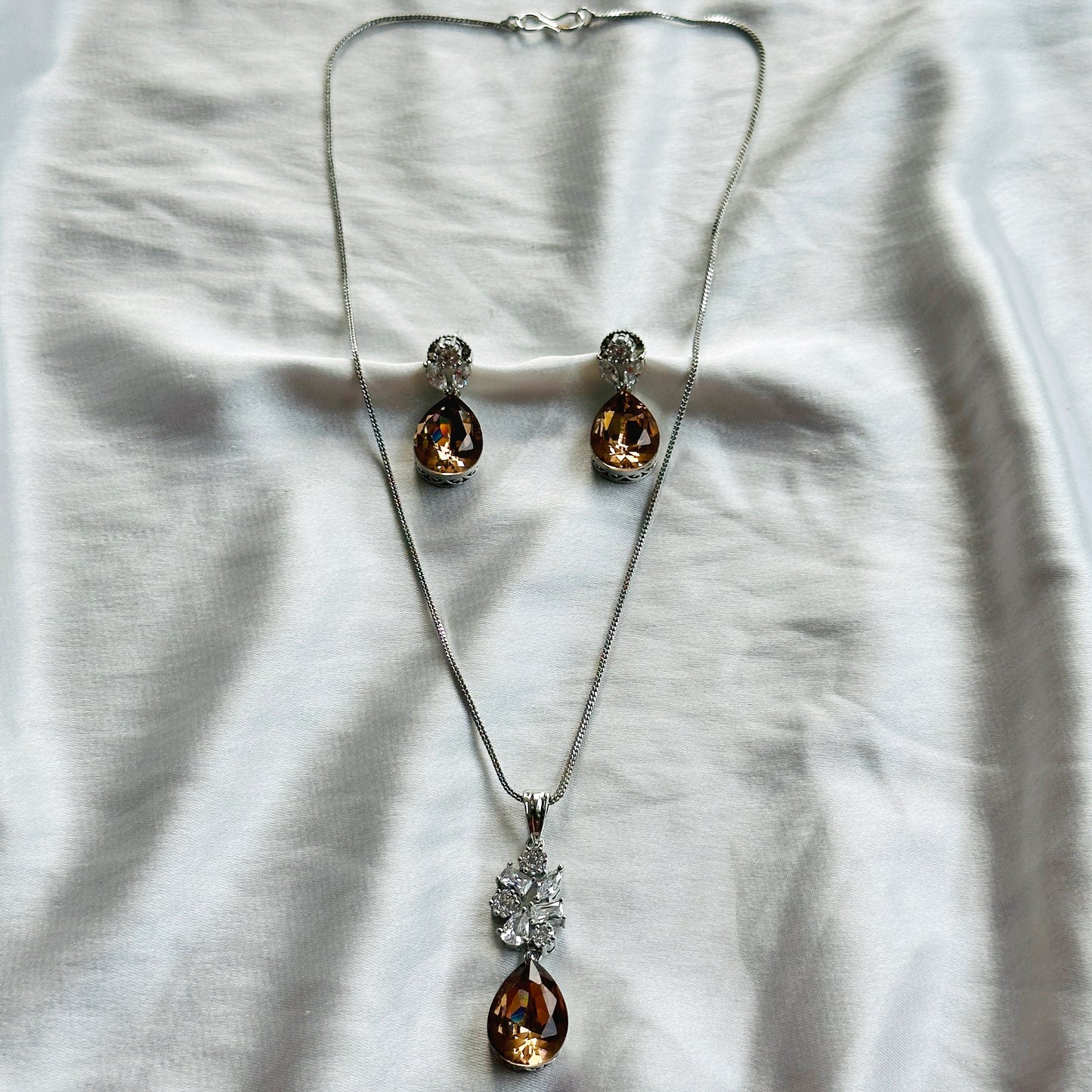 Smoky Copper Quartz Swarovski Crystal American Diamond Silver Plated Pendant Set