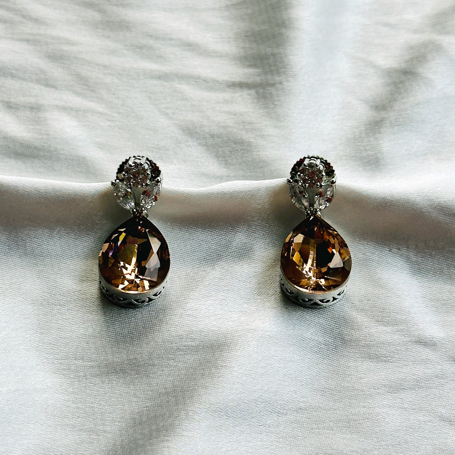 Smoky Copper Quartz Swarovski Crystal American Diamond Silver Plated Pendant Set