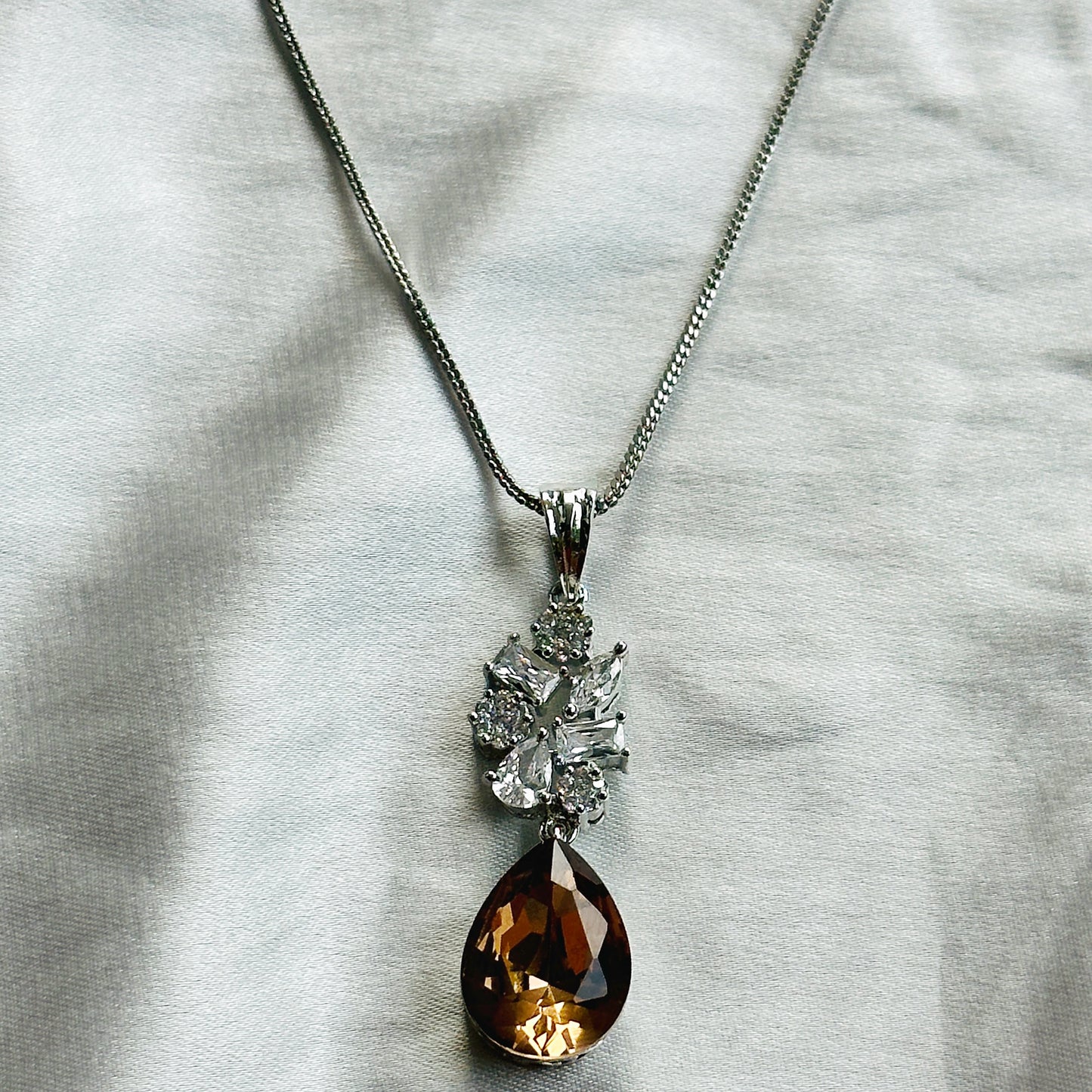 Smoky Copper Quartz Swarovski Crystal American Diamond Silver Plated Pendant Set