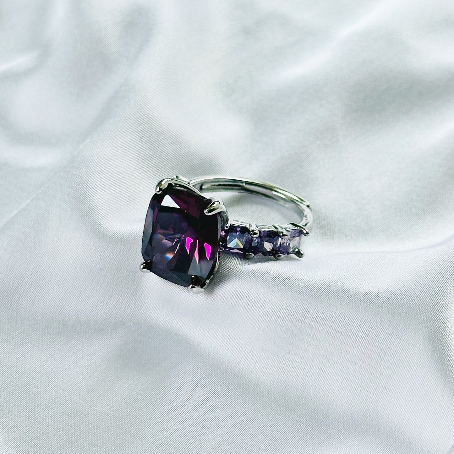 Purple Amethyst Cubic Zirconia Ice Cut American Diamond Silver Plated Adjustable Ring