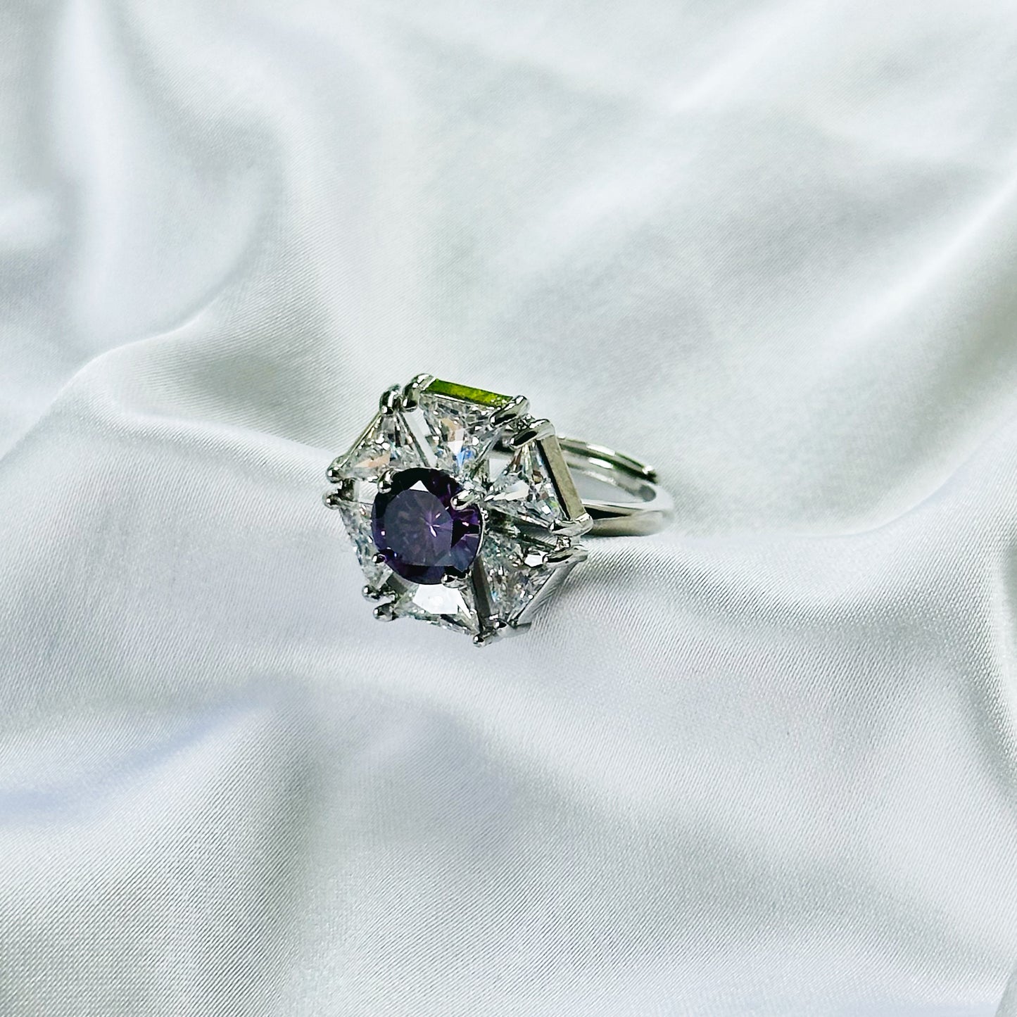 Purple Amethyst Cubic Zirconia Ice Cut American Diamond Silver Plated Adjustable Ring