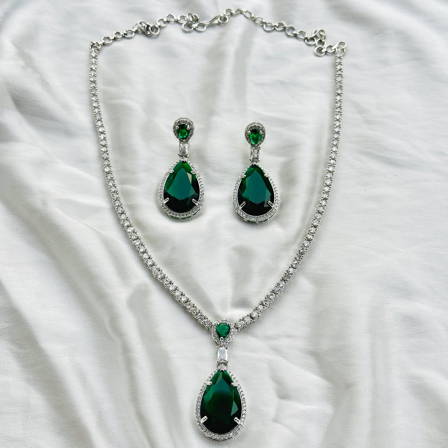 Green Emerald Cubic Zircon Stone American Diamond Silver Plated Necklace Set