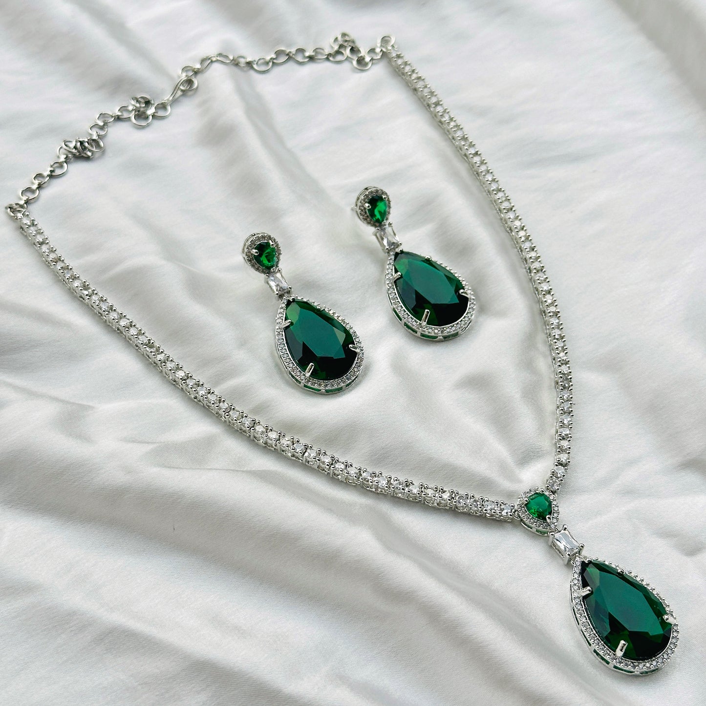 Green Emerald Cubic Zircon Stone American Diamond Silver Plated Necklace Set