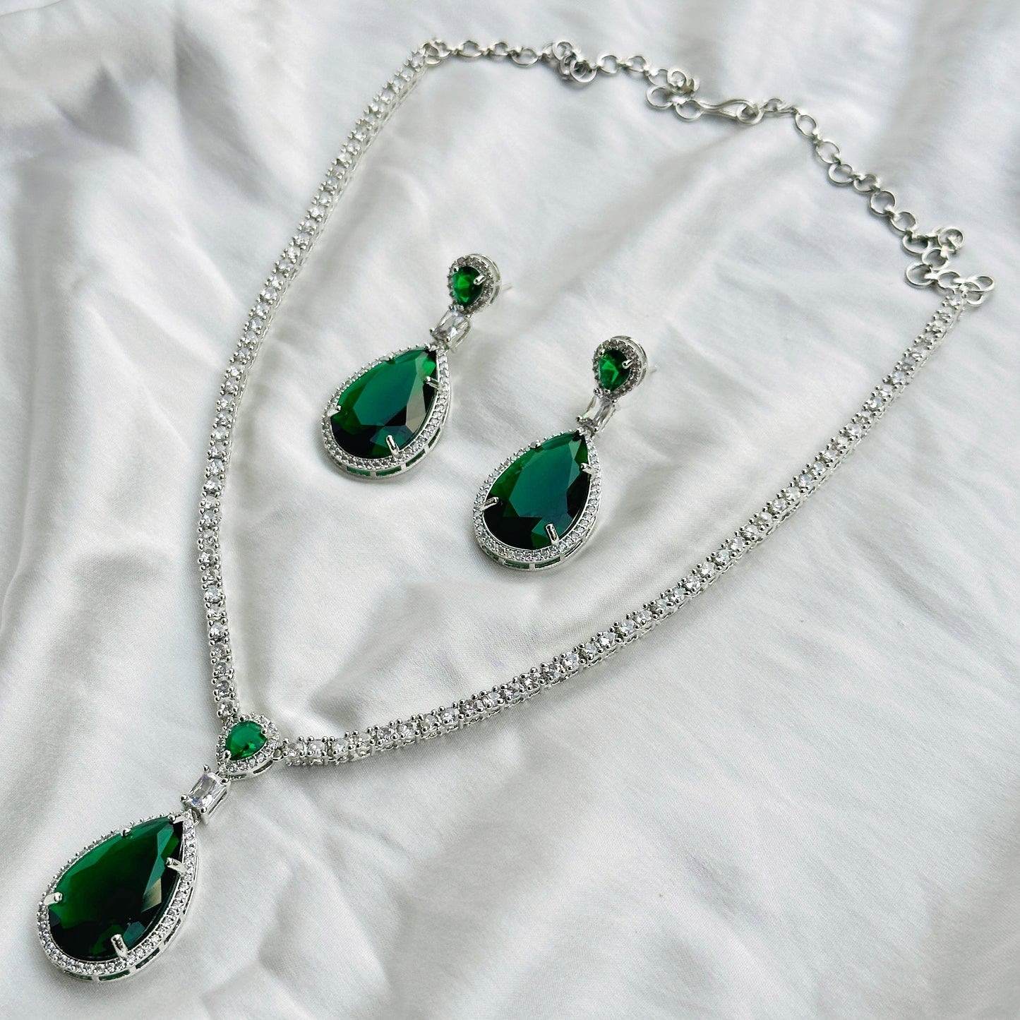 Green Emerald Cubic Zircon Stone American Diamond Silver Plated Necklace Set