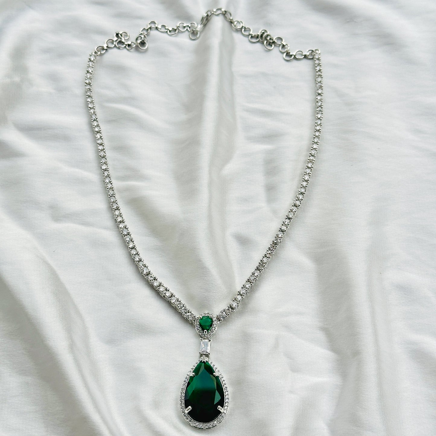 Green Emerald Cubic Zircon Stone American Diamond Silver Plated Necklace Set