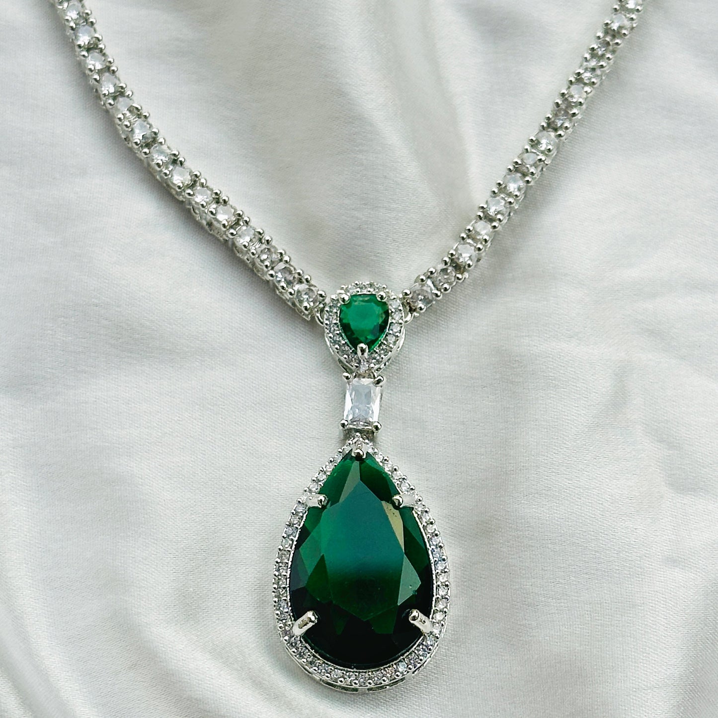 Green Emerald Cubic Zircon Stone American Diamond Silver Plated Necklace Set