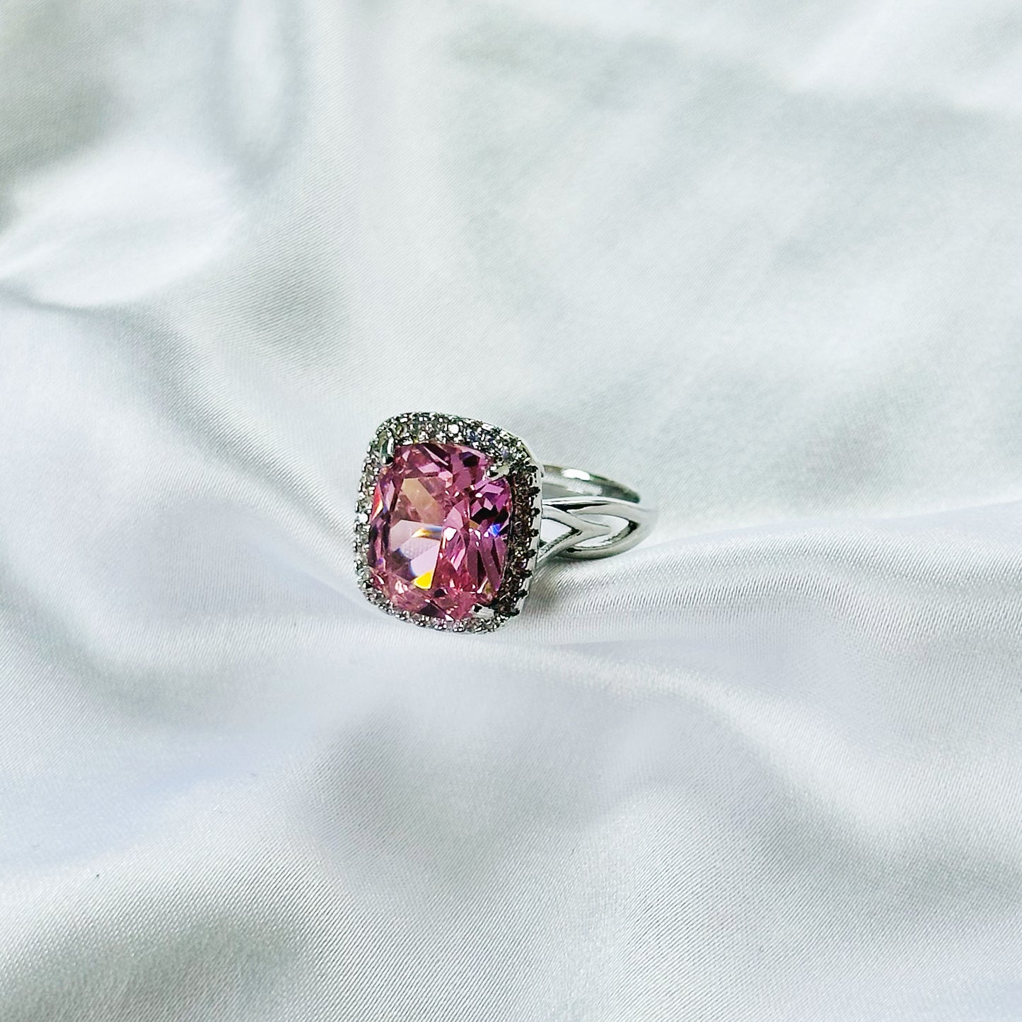 Pink Topaz Cubic Zirconia Ice Cut American Diamond Silver Plated Adjustable Ring