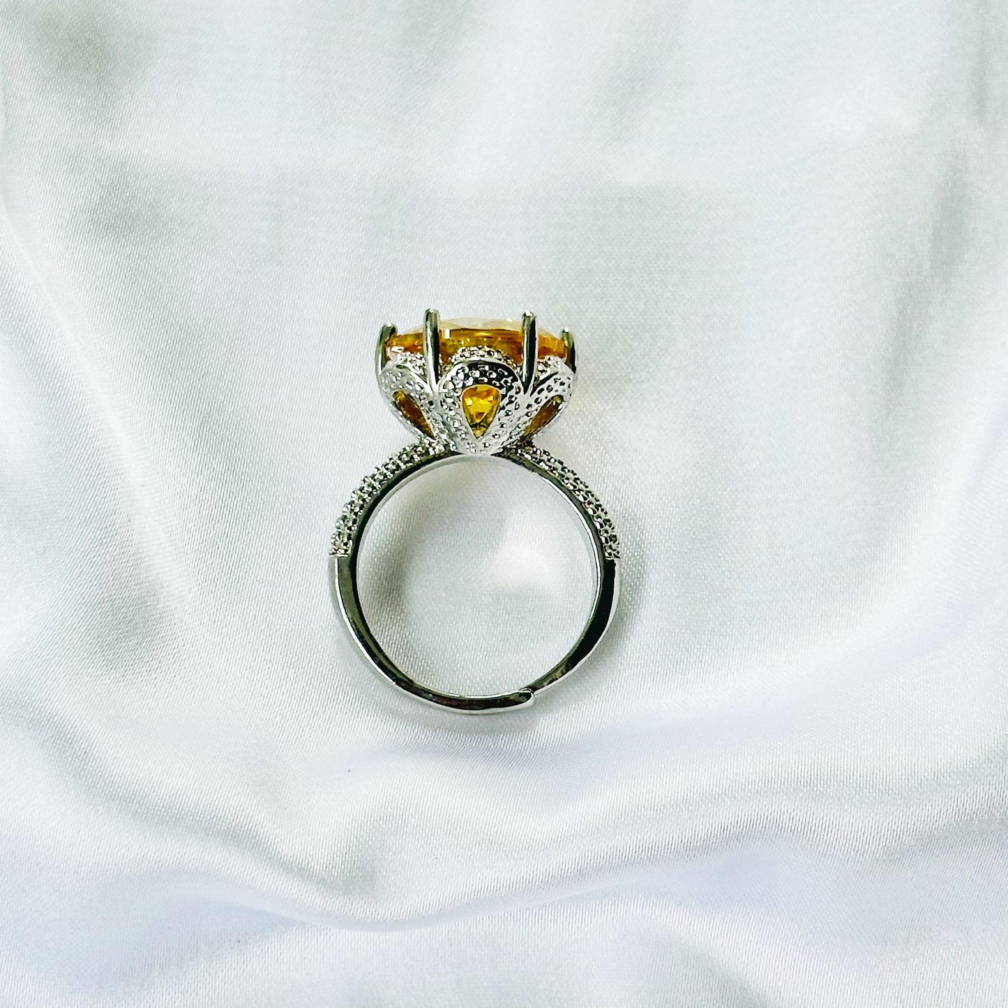 Yellow Topaz Cubic Zirconia Ice Cut American Diamond Silver Plated Adjustable Ring