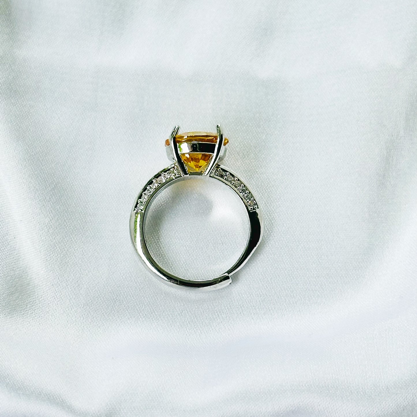 Yellow Topaz Cubic Zirconia Ice Cut American Diamond Silver Plated Adjustable Ring