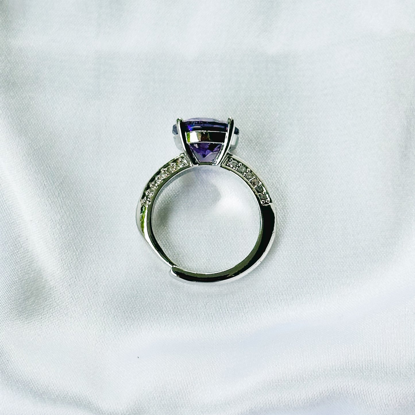 Purple Amethyst Cubic Zirconia Ice Cut American Diamond Silver Plated Adjustable Ring