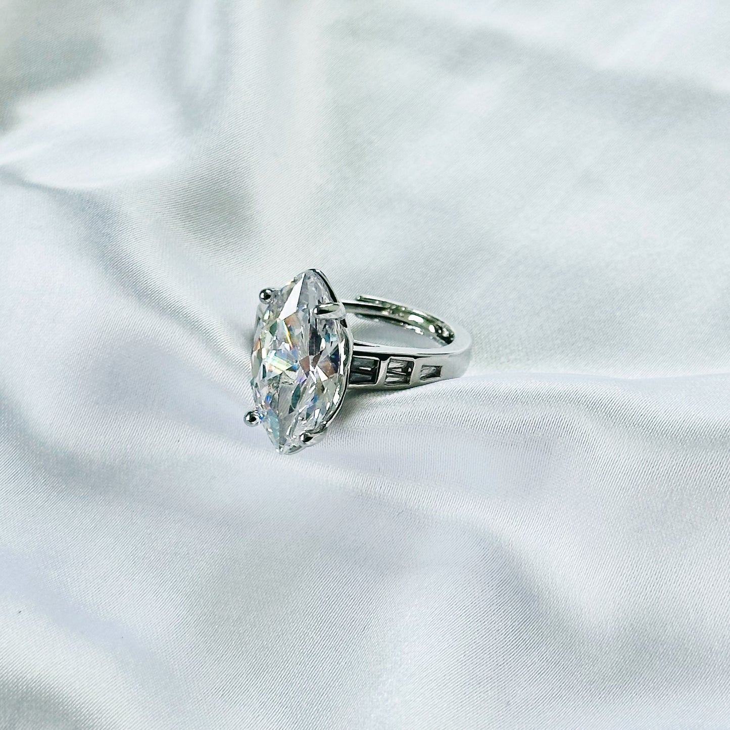 White Cubic Zirconia Ice Cut American Diamond Silver Plated Adjustable Ring