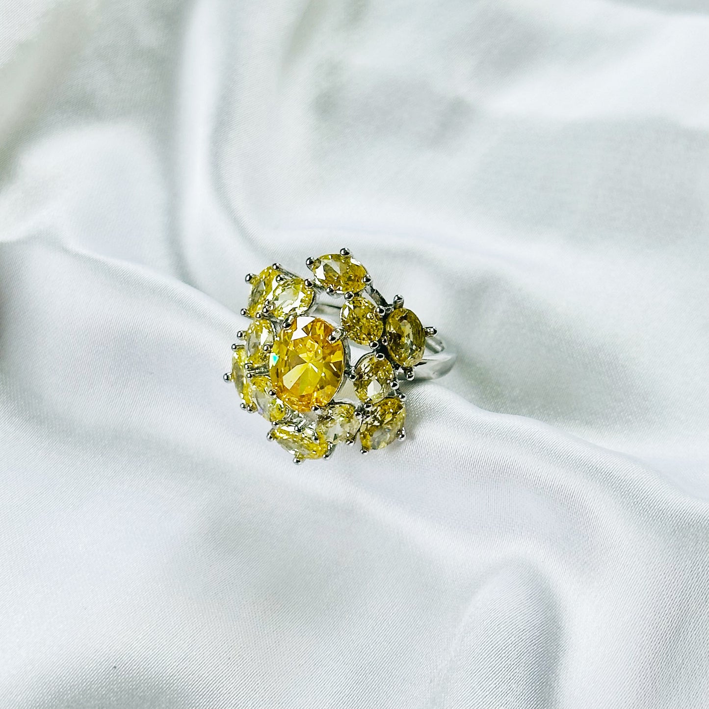 Yellow Topaz Cubic Zirconia Ice Cut American Diamond Silver Plated Adjustable Ring