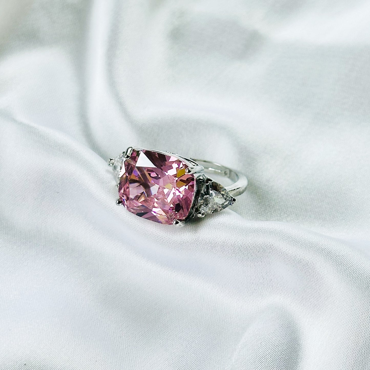 Pink Topaz Cubic Zirconia Ice Cut American Diamond Silver Plated Adjustable Ring