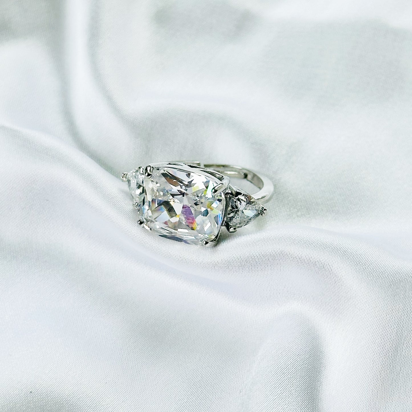 White Cubic Zirconia Ice Cut American Diamond Silver Plated Adjustable Ring