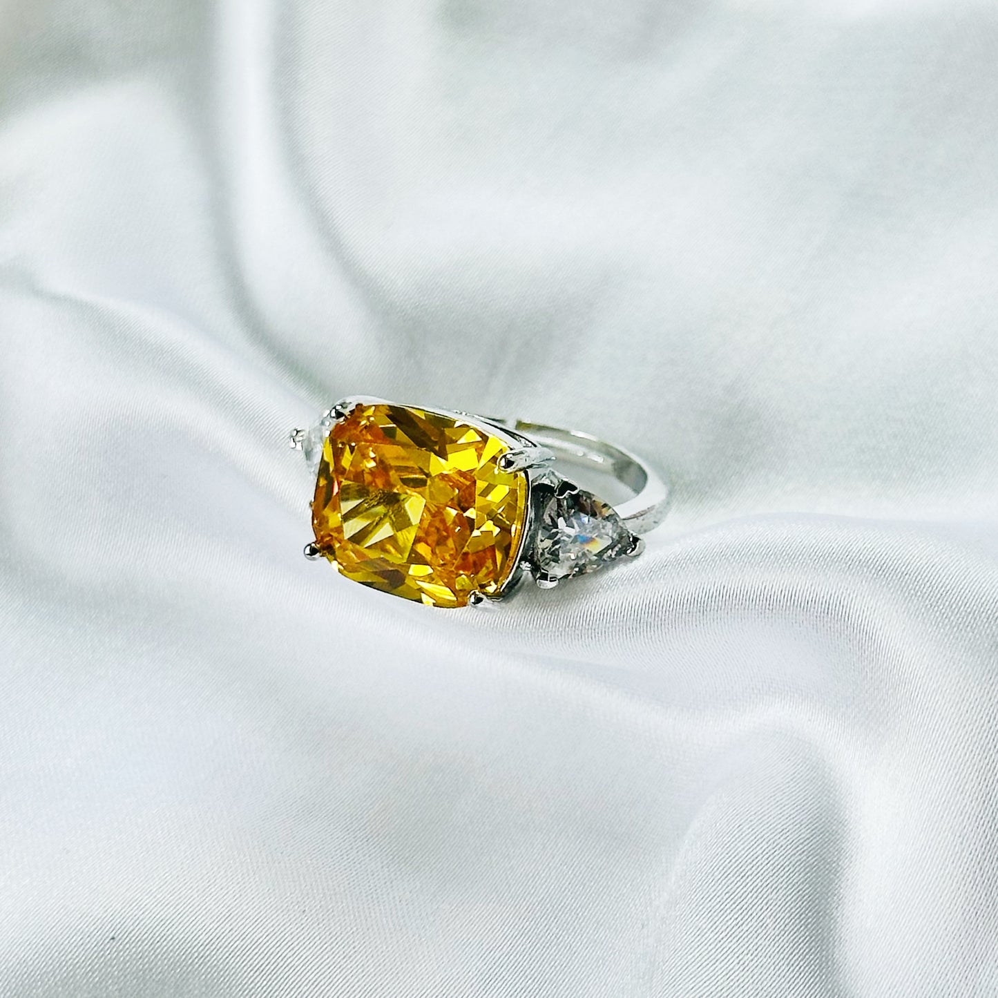 Yellow Topaz Cubic Zirconia Ice Cut American Diamond Silver Plated Adjustable Ring
