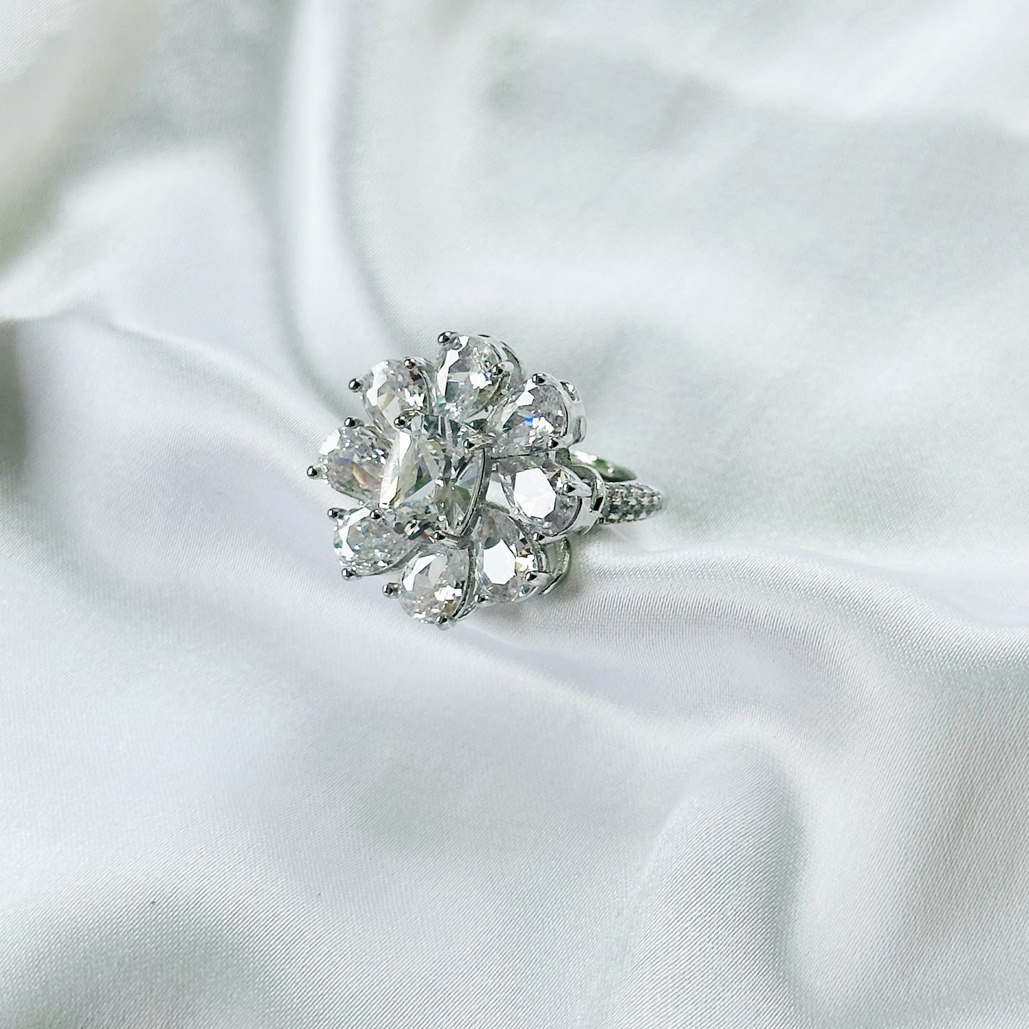 White Cubic Zirconia Ice Cut American Diamond Silver Plated Adjustable Ring