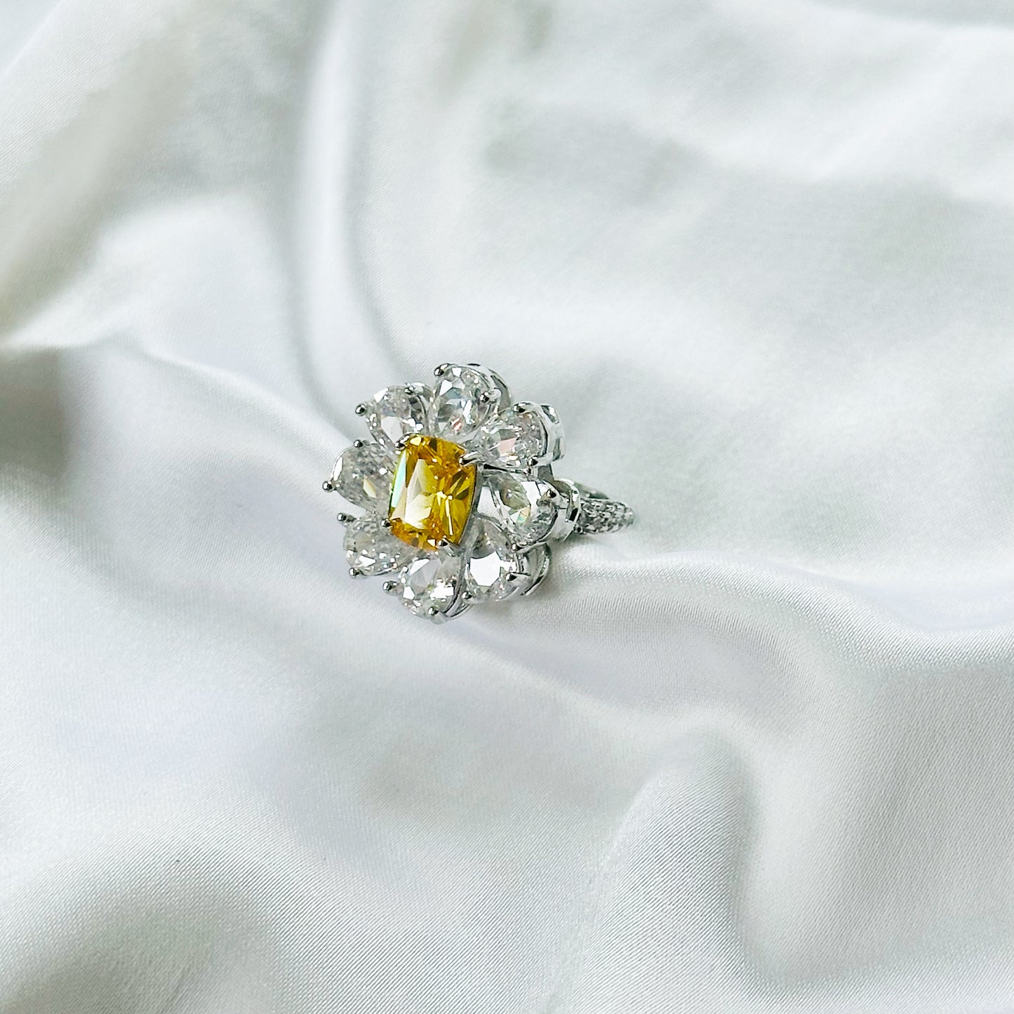 Yellow Topaz Cubic Zirconia Ice Cut American Diamond Silver Plated Adjustable Ring