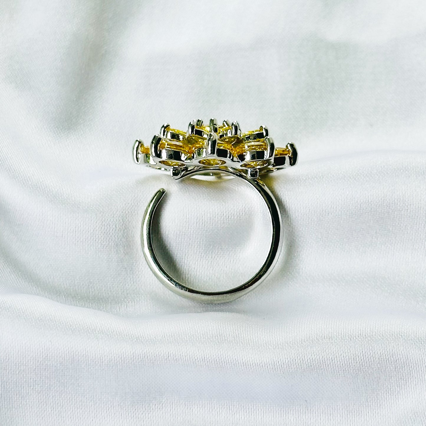 Yellow Topaz Cubic Zirconia Ice Cut American Diamond Silver Plated Adjustable Ring