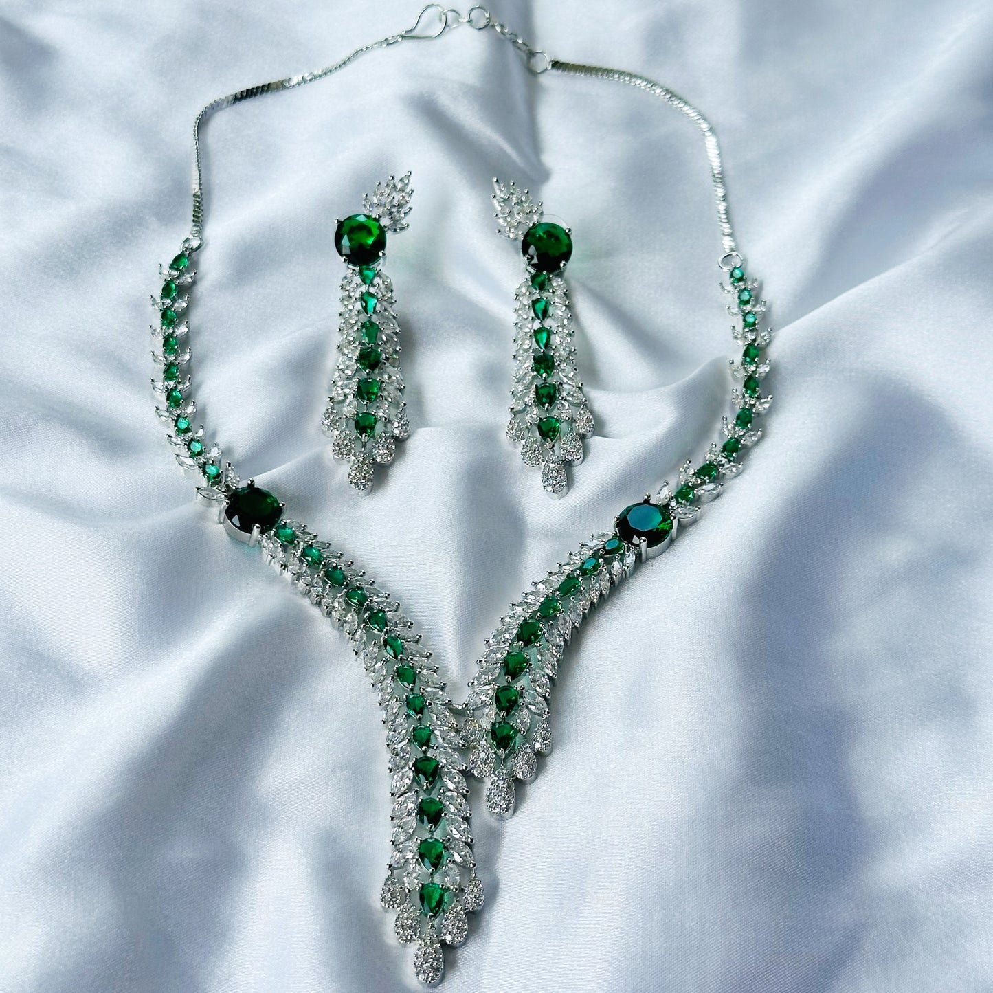 Green Emerald Cubic Zircon Stone American Diamond Silver Plated Necklace Set