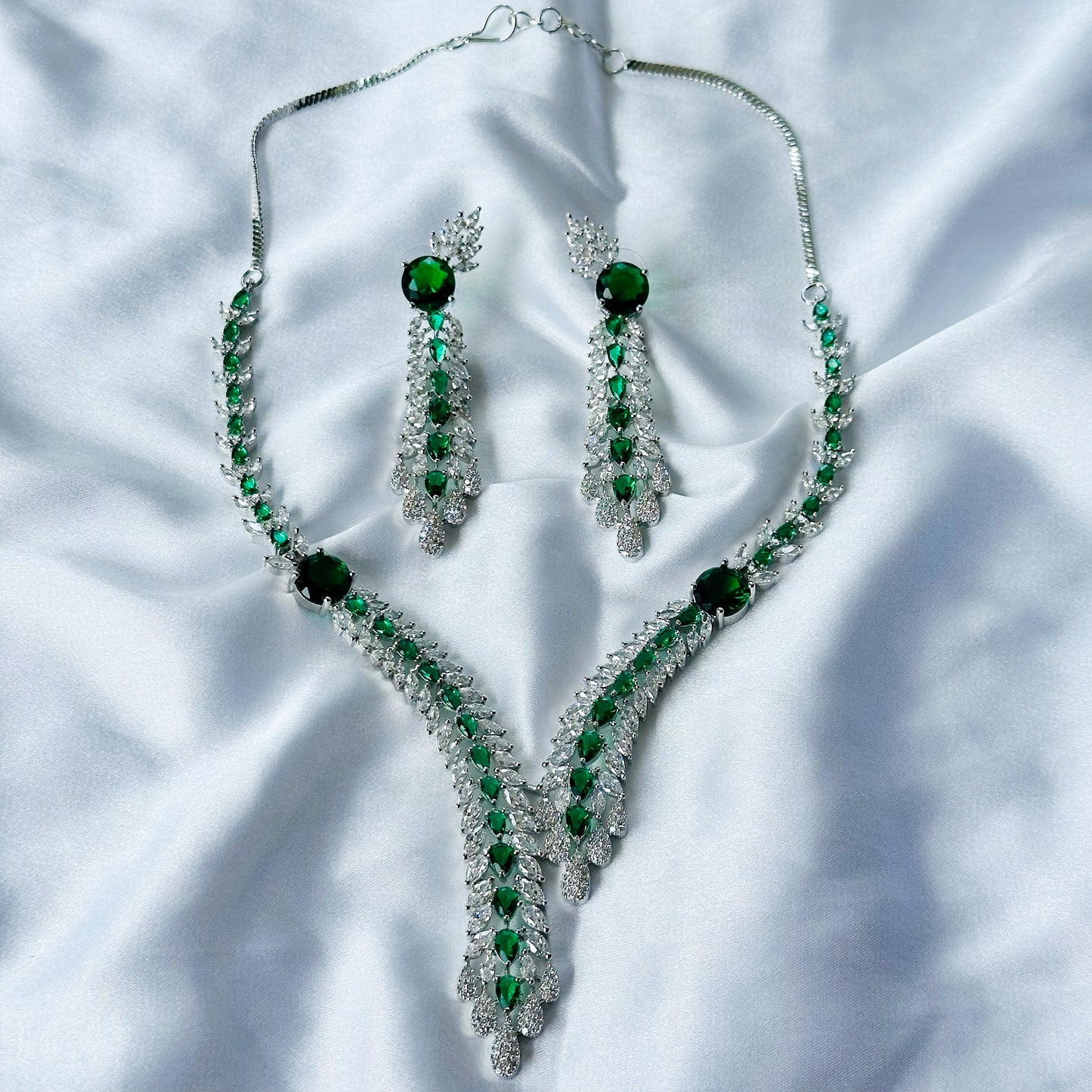 Green Emerald Cubic Zircon Stone American Diamond Silver Plated Necklace Set