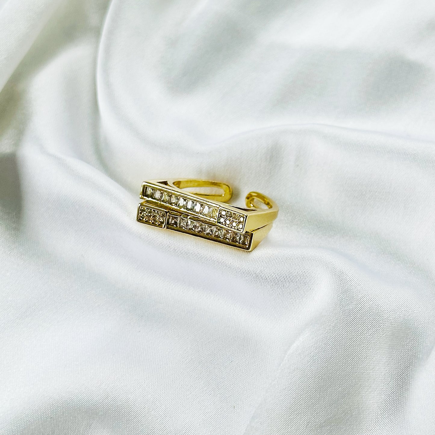 Asymmetric American Diamond Gold Plated Adjustable Ring