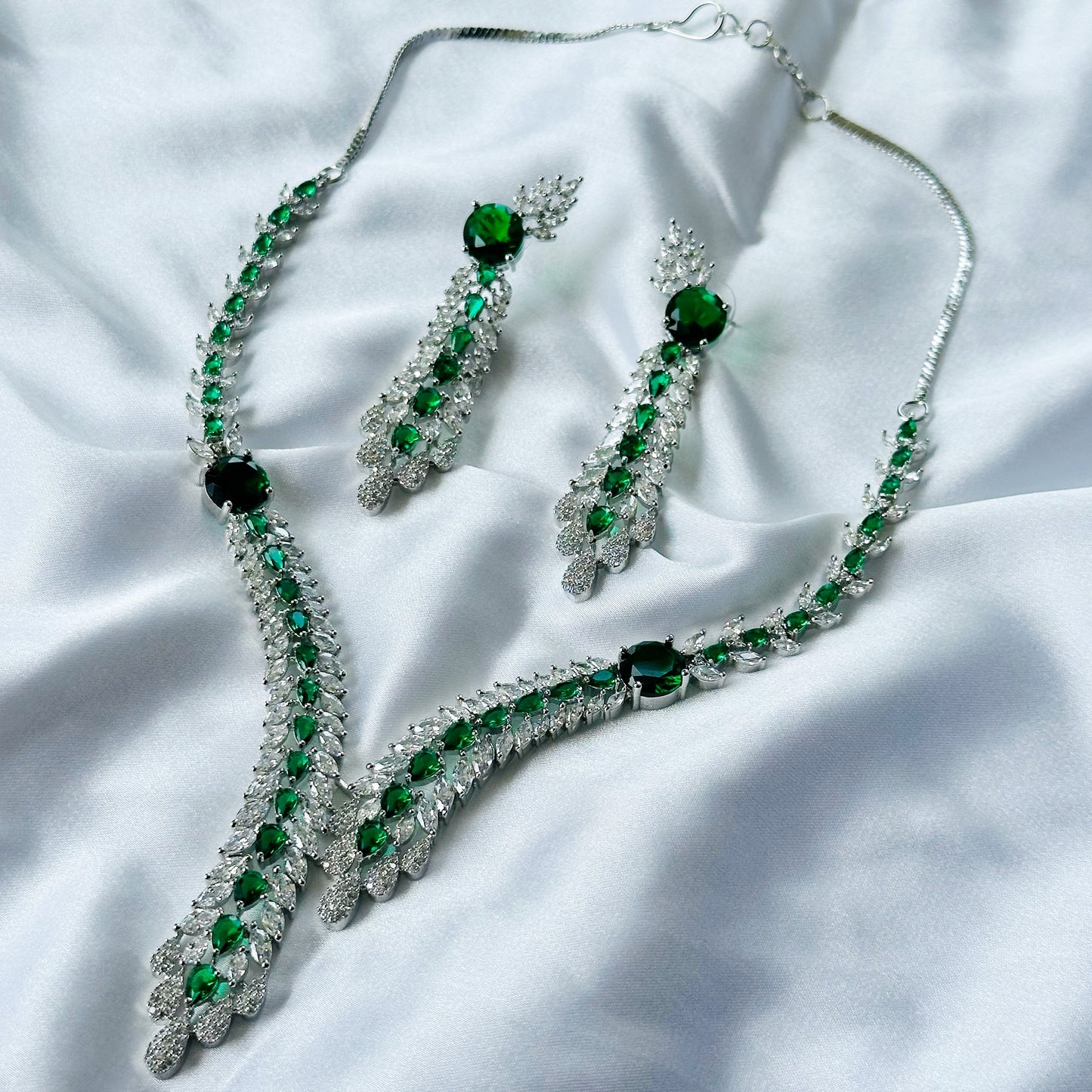 Green Emerald Cubic Zircon Stone American Diamond Silver Plated Necklace Set