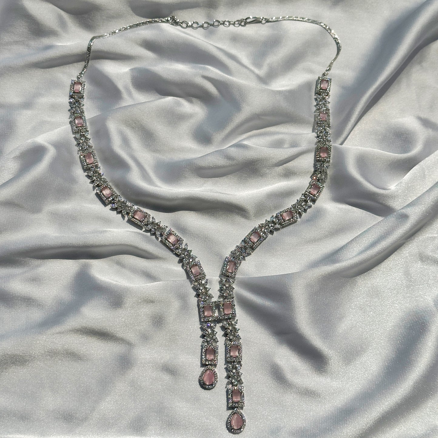 Pink Topaz Cubic Zircon Stones American Diamond Silver Plated Necklace Set