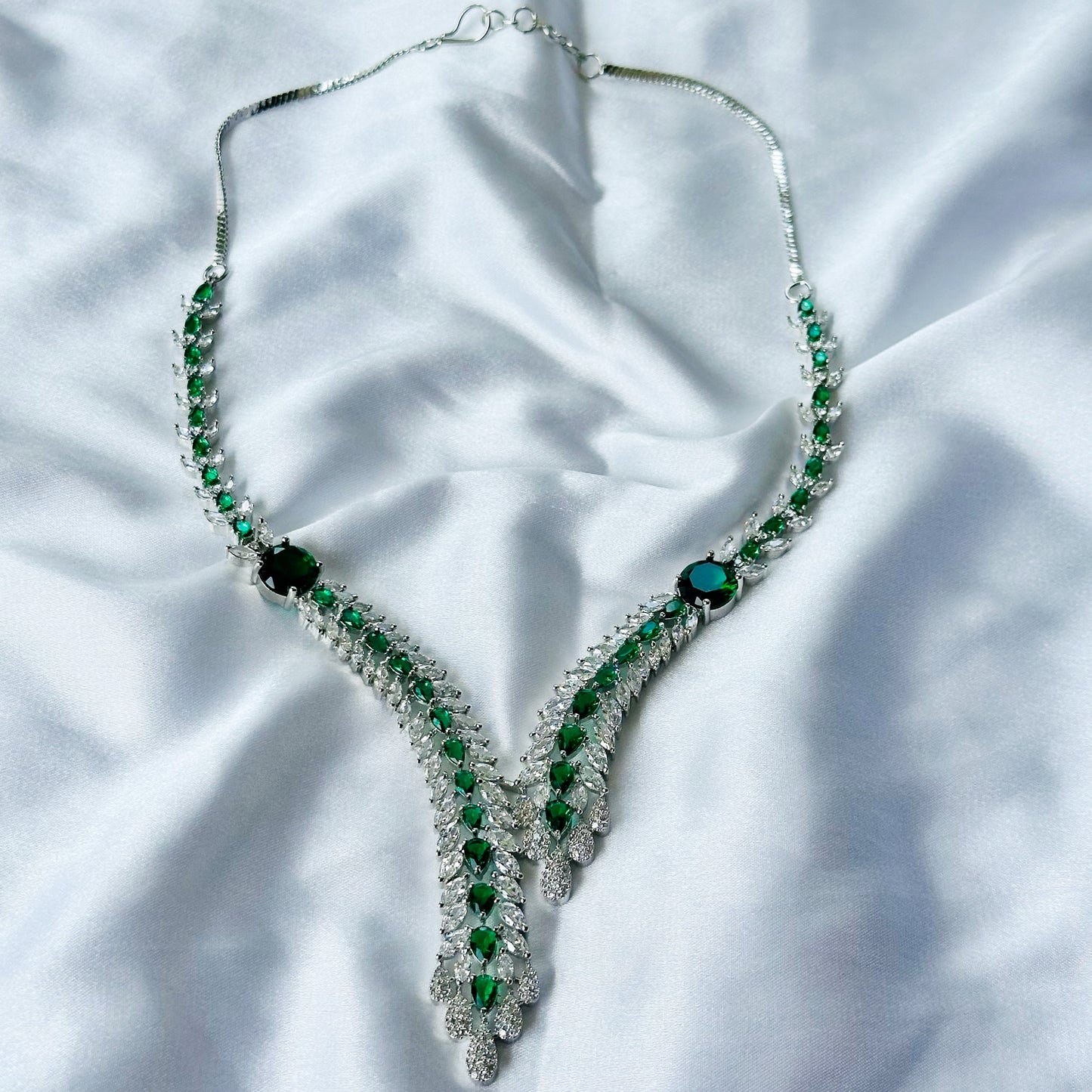Green Emerald Cubic Zircon Stone American Diamond Silver Plated Necklace Set