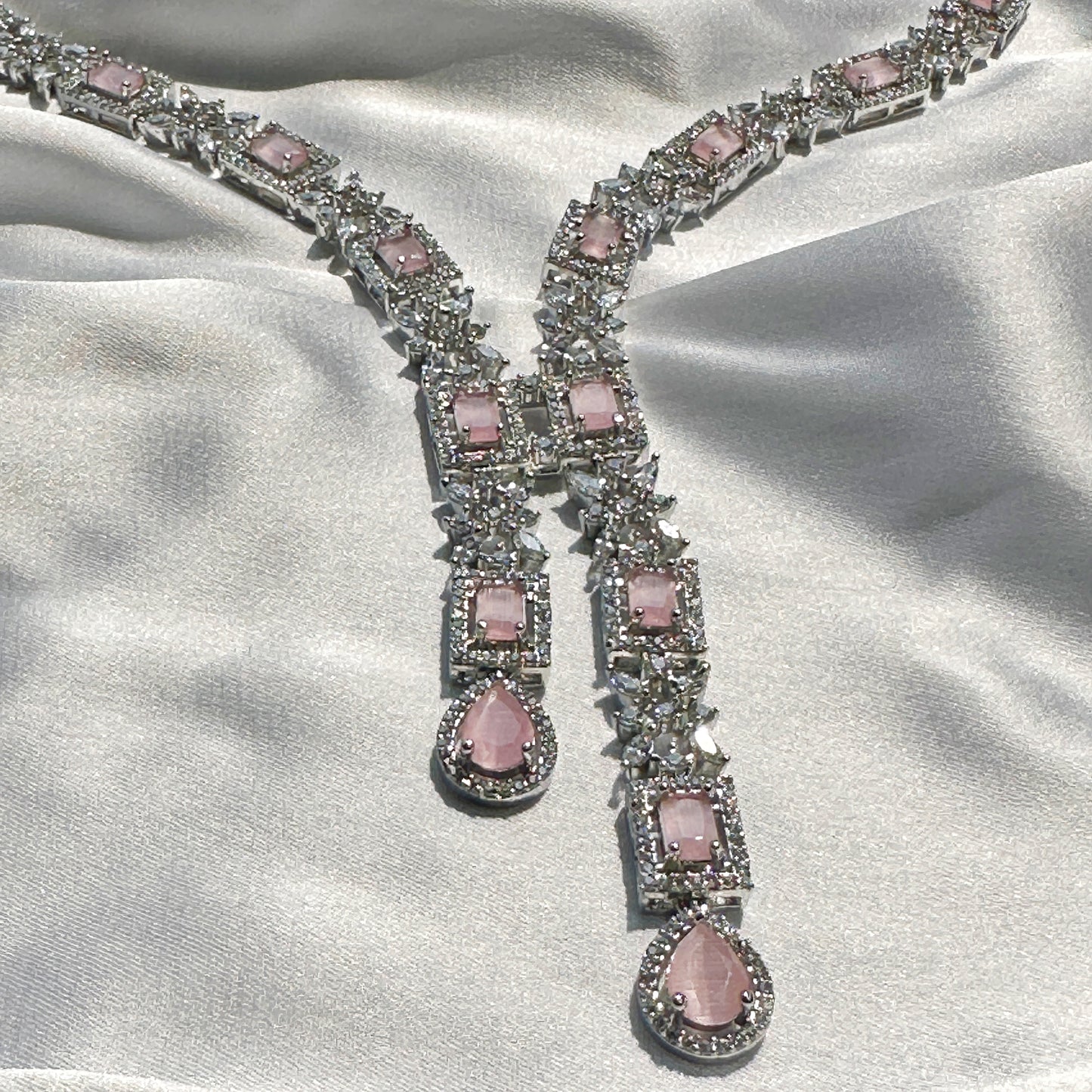 Pink Topaz Cubic Zircon Stones American Diamond Silver Plated Necklace Set