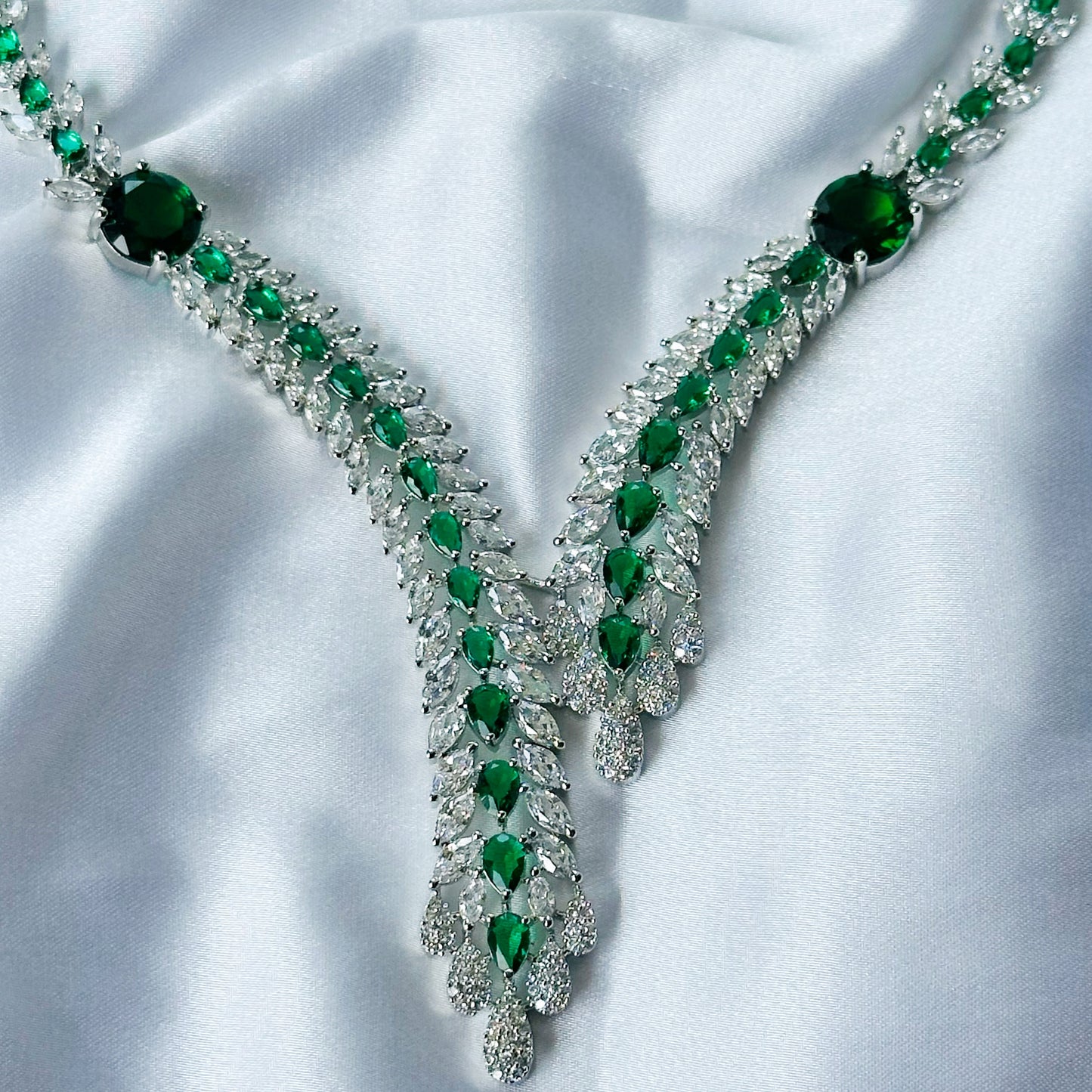 Green Emerald Cubic Zircon Stone American Diamond Silver Plated Necklace Set