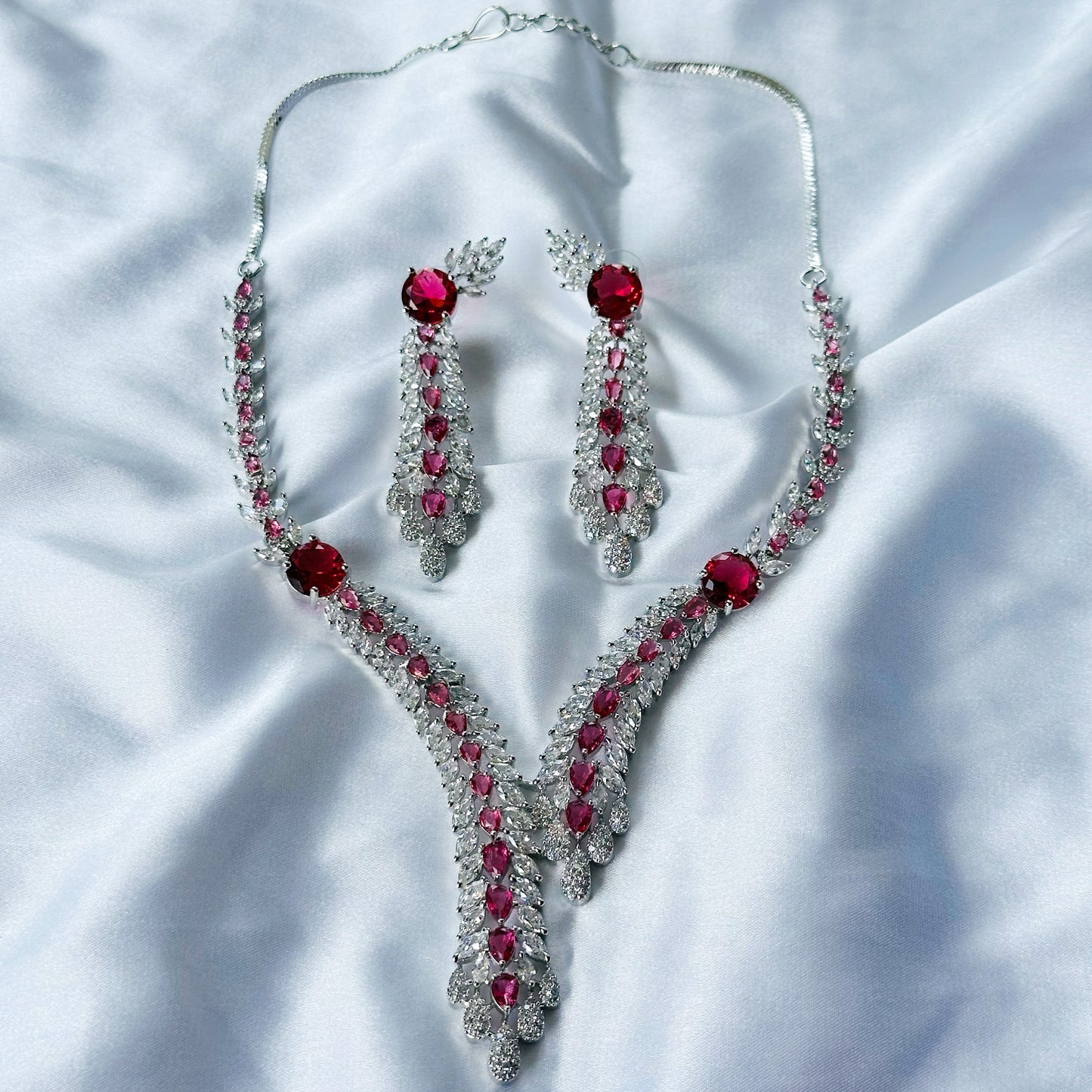 Red Ruby Cubic Zircon Stone American Diamond Silver Plated Necklace Set