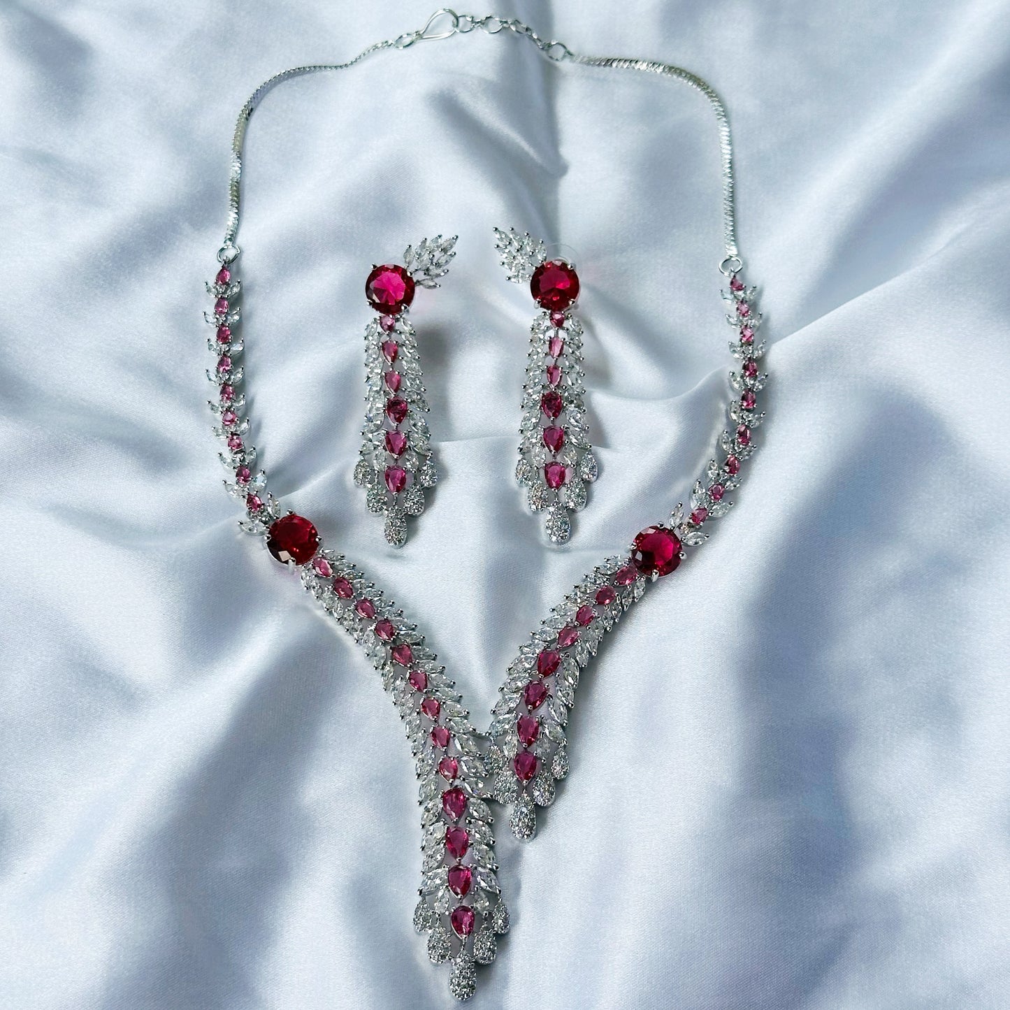 Red Ruby Cubic Zircon Stone American Diamond Silver Plated Necklace Set