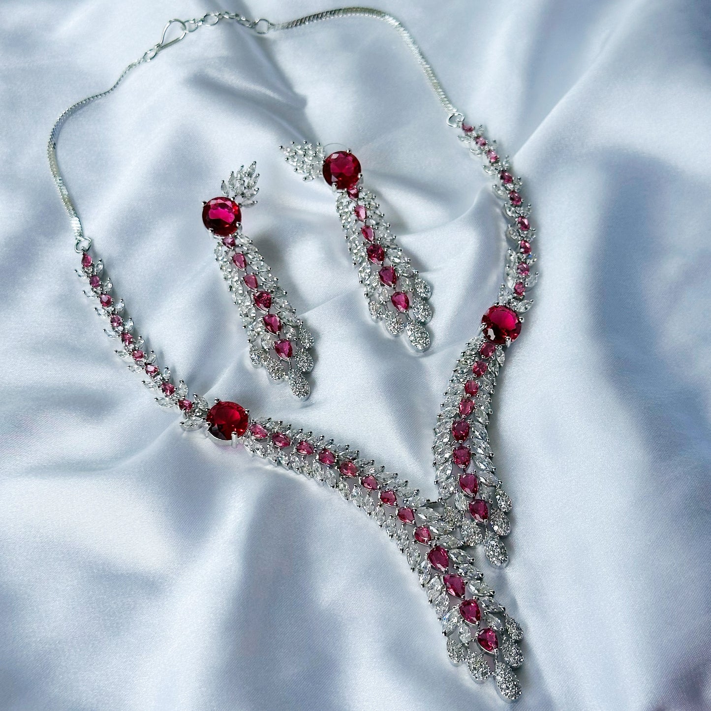 Red Ruby Cubic Zircon Stone American Diamond Silver Plated Necklace Set