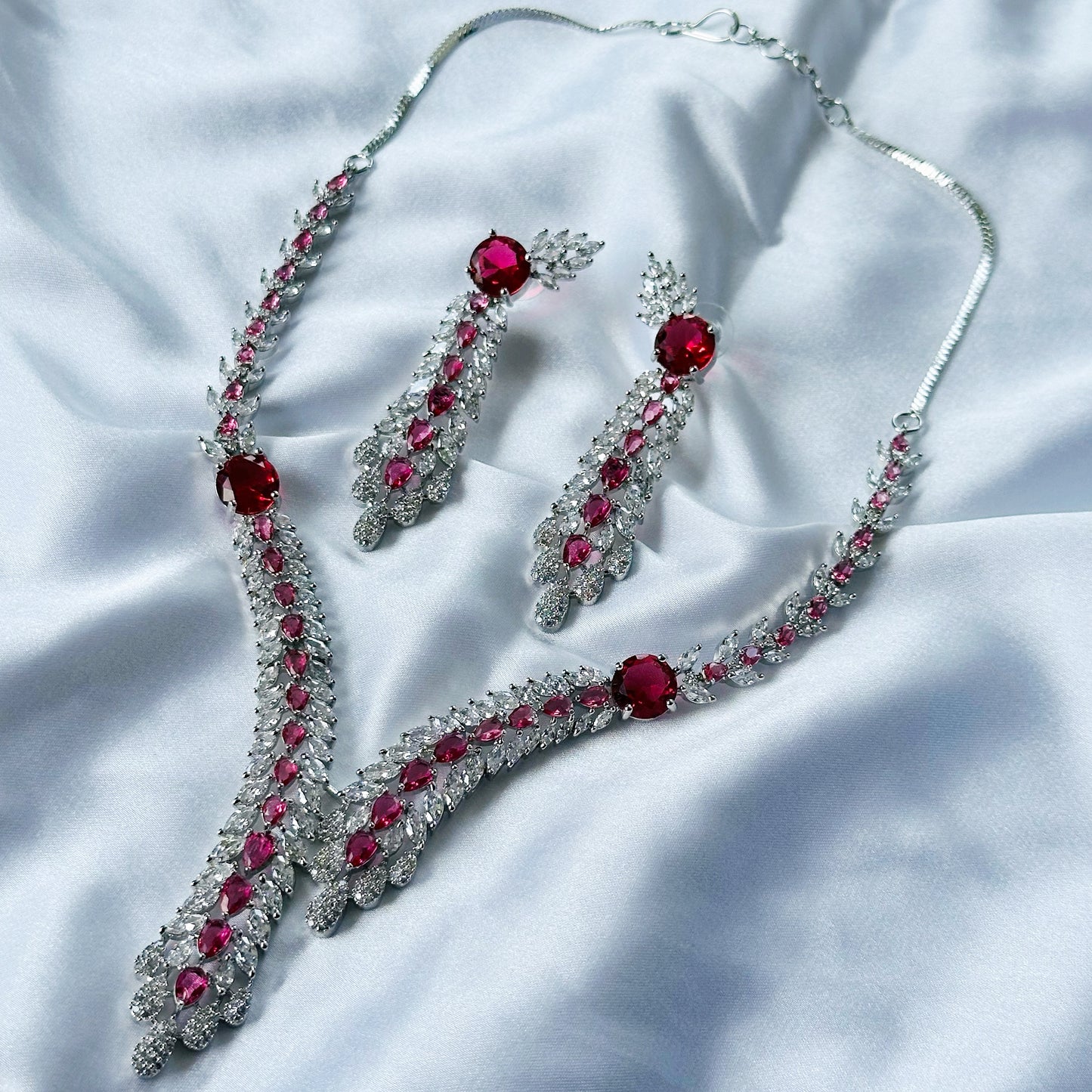 Red Ruby Cubic Zircon Stone American Diamond Silver Plated Necklace Set