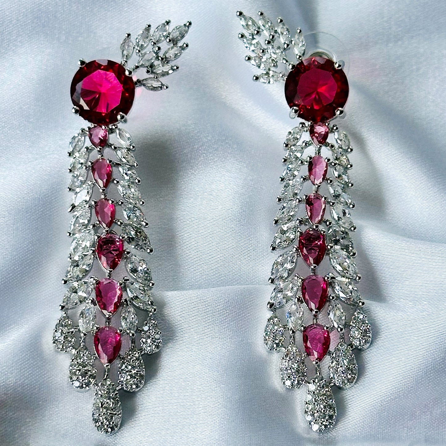 Red Ruby Cubic Zircon Stone American Diamond Silver Plated Necklace Set