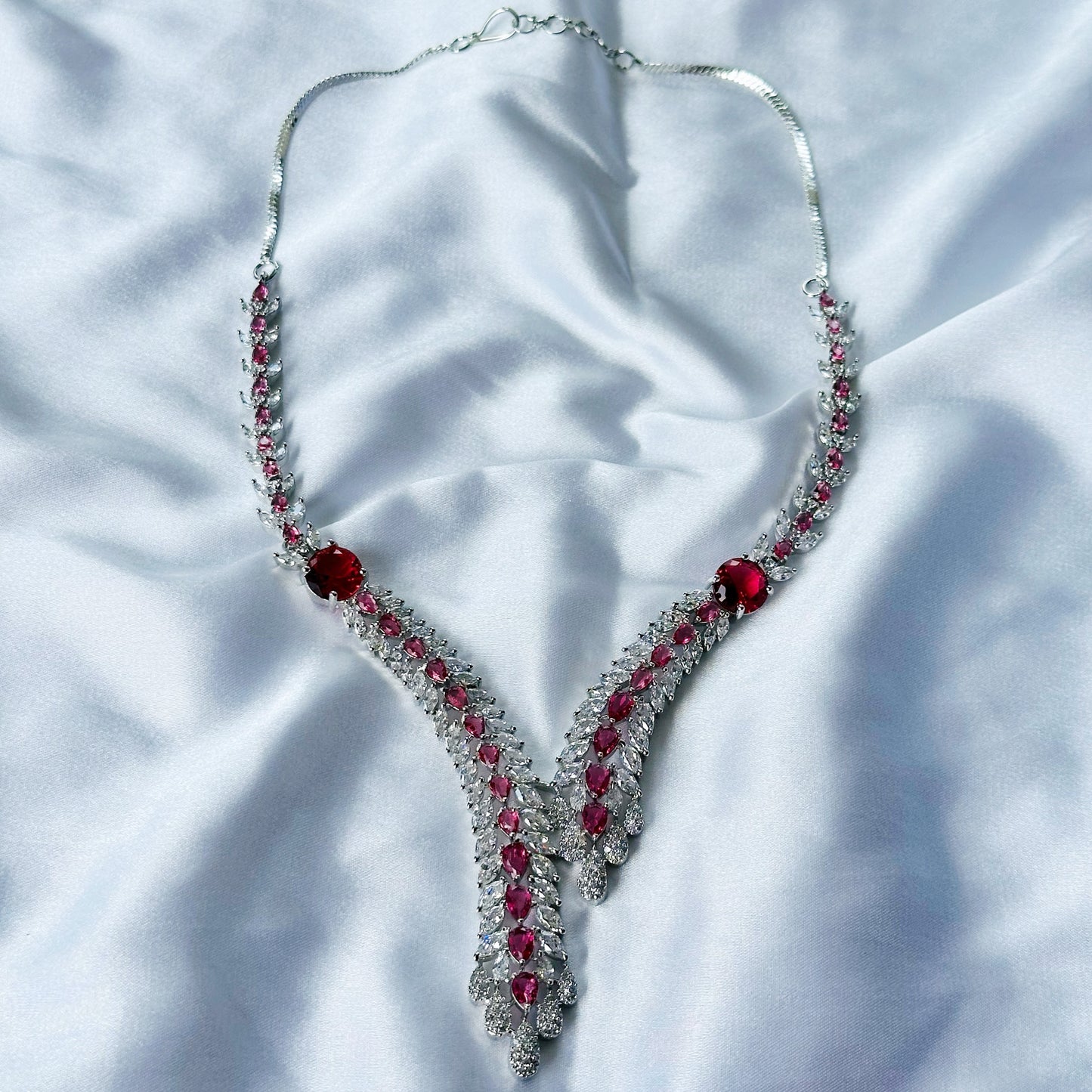 Red Ruby Cubic Zircon Stone American Diamond Silver Plated Necklace Set