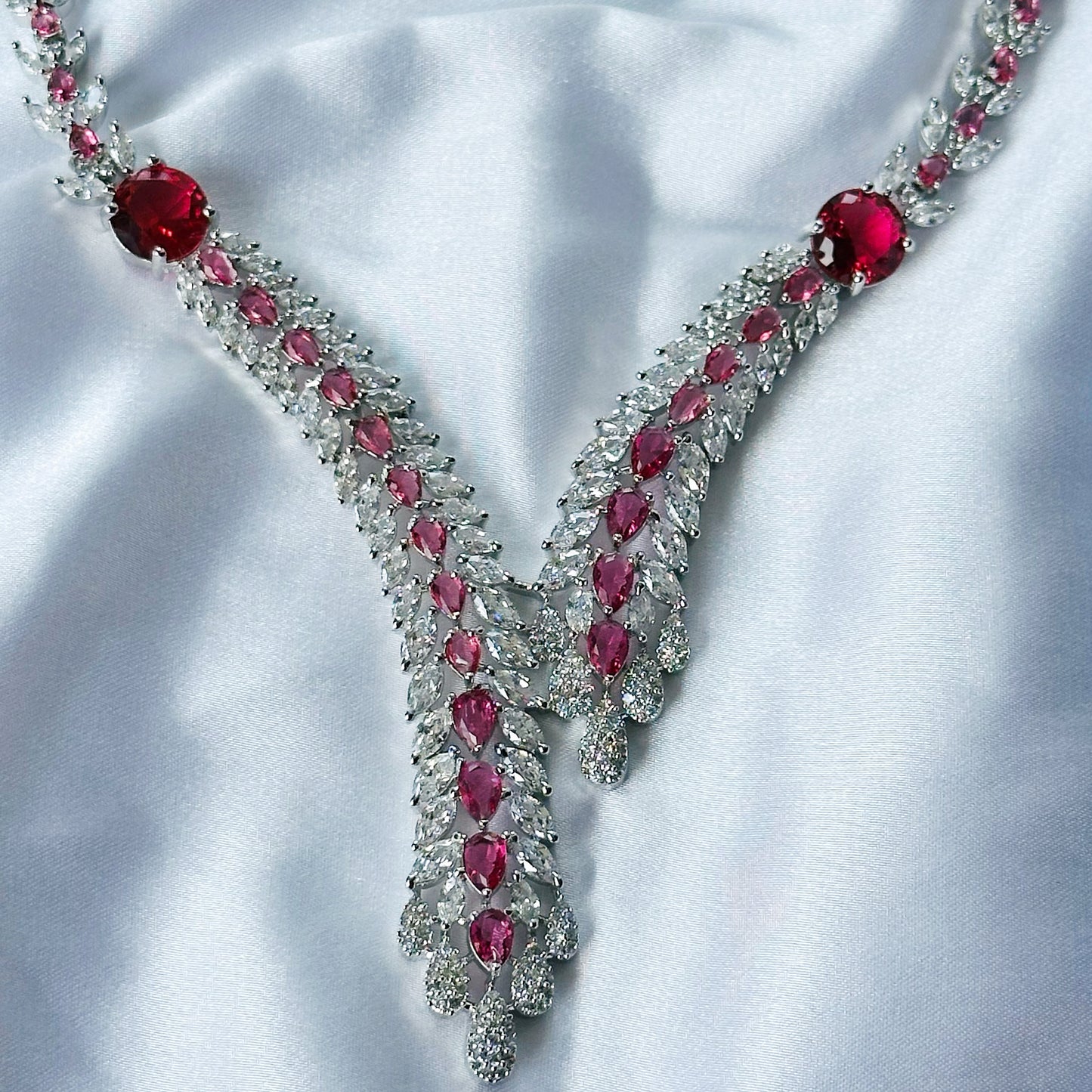 Red Ruby Cubic Zircon Stone American Diamond Silver Plated Necklace Set