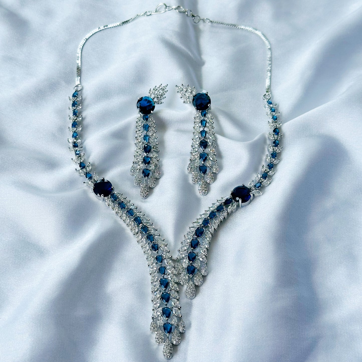 Blue Sapphire Cubic Zircon Stone American Diamond Silver Plated Necklace Set