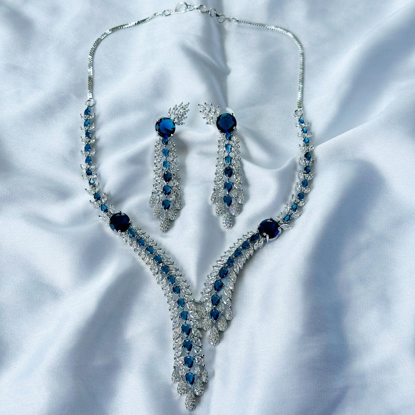 Blue Sapphire Cubic Zircon Stone American Diamond Silver Plated Necklace Set