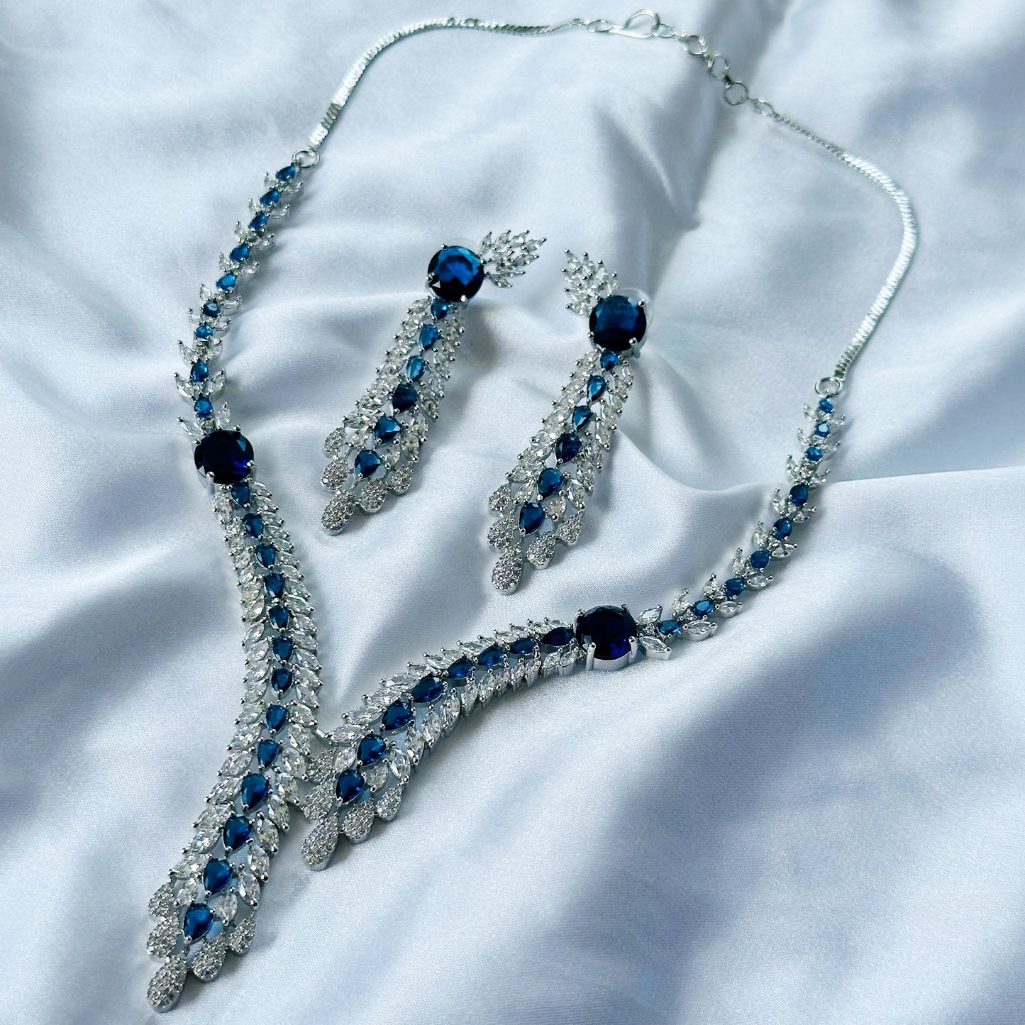 Blue Sapphire Cubic Zircon Stone American Diamond Silver Plated Necklace Set