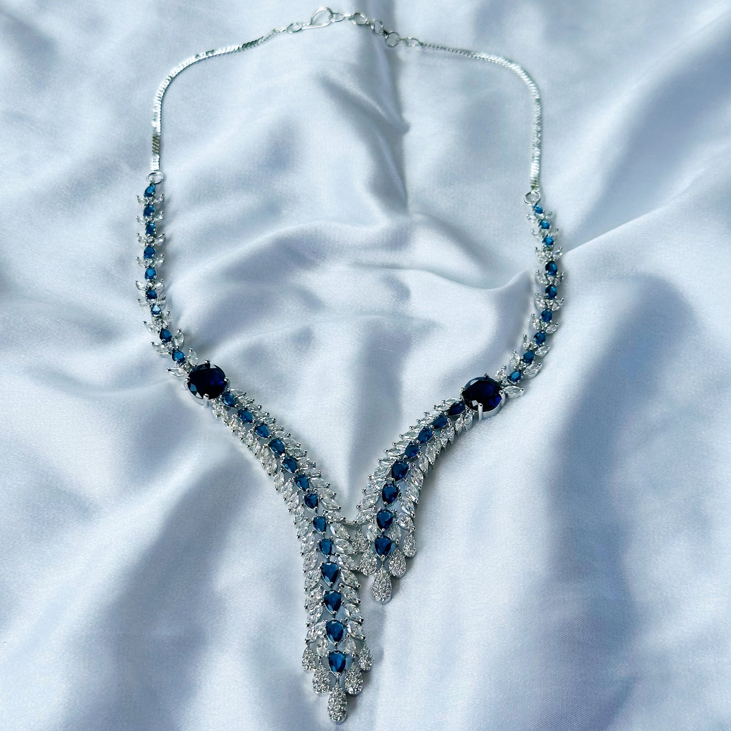 Blue Sapphire Cubic Zircon Stone American Diamond Silver Plated Necklace Set
