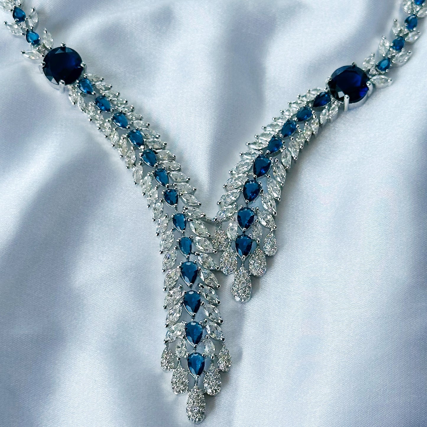 Blue Sapphire Cubic Zircon Stone American Diamond Silver Plated Necklace Set