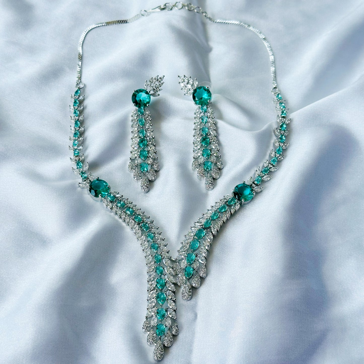Sea Green Topaz Cubic Zircon Stone American Diamond Silver Plated Necklace Set
