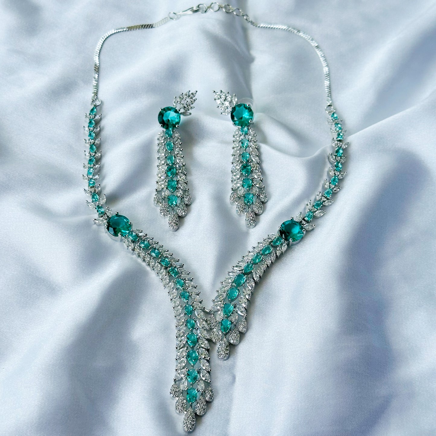 Sea Green Topaz Cubic Zircon Stone American Diamond Silver Plated Necklace Set