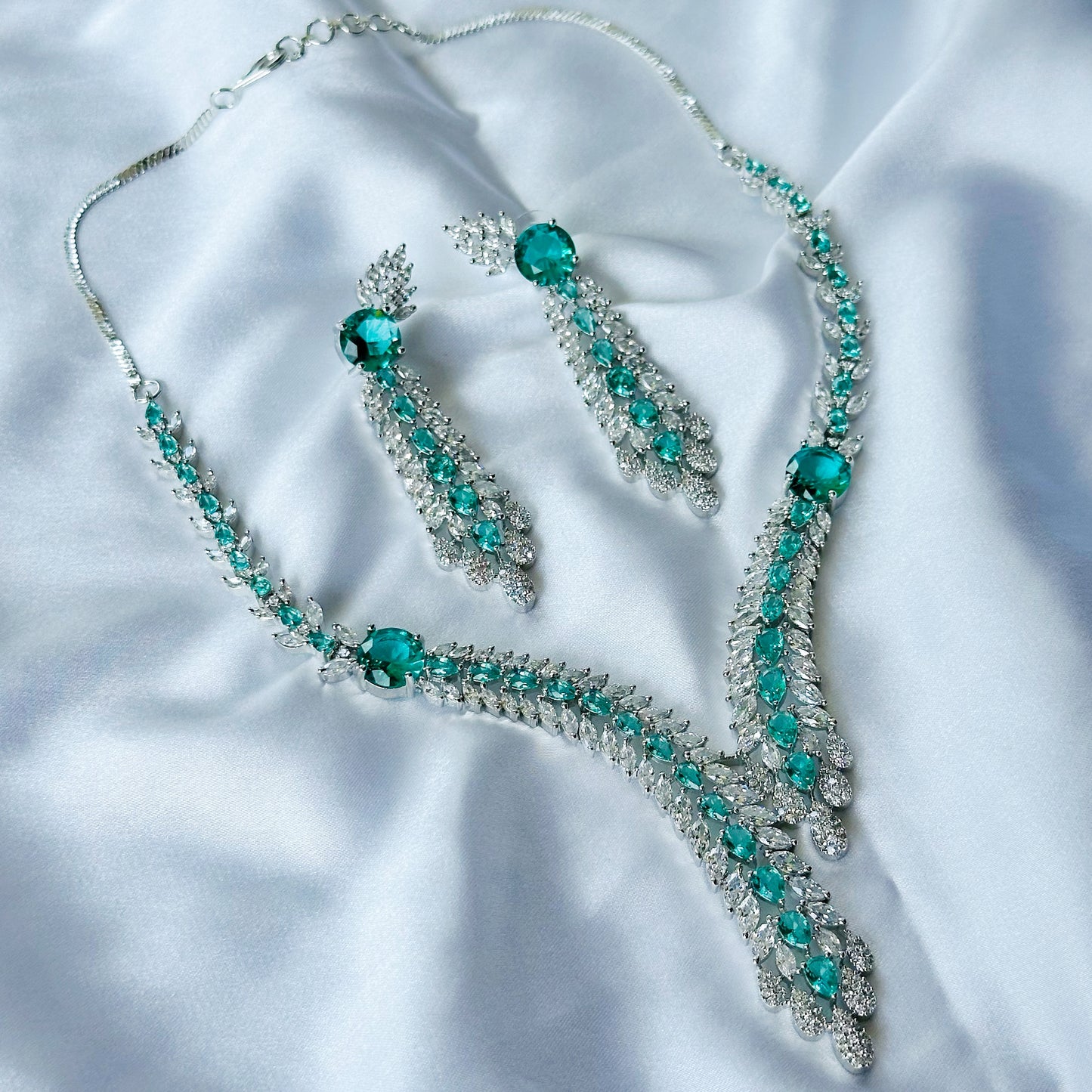 Sea Green Topaz Cubic Zircon Stone American Diamond Silver Plated Necklace Set