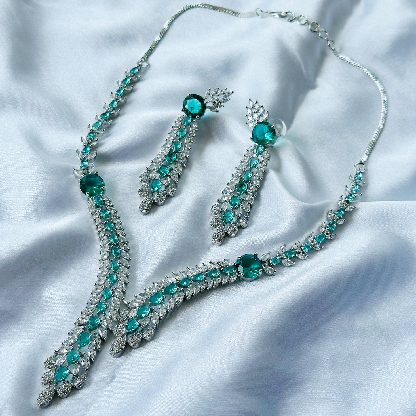 Sea Green Topaz Cubic Zircon Stone American Diamond Silver Plated Necklace Set