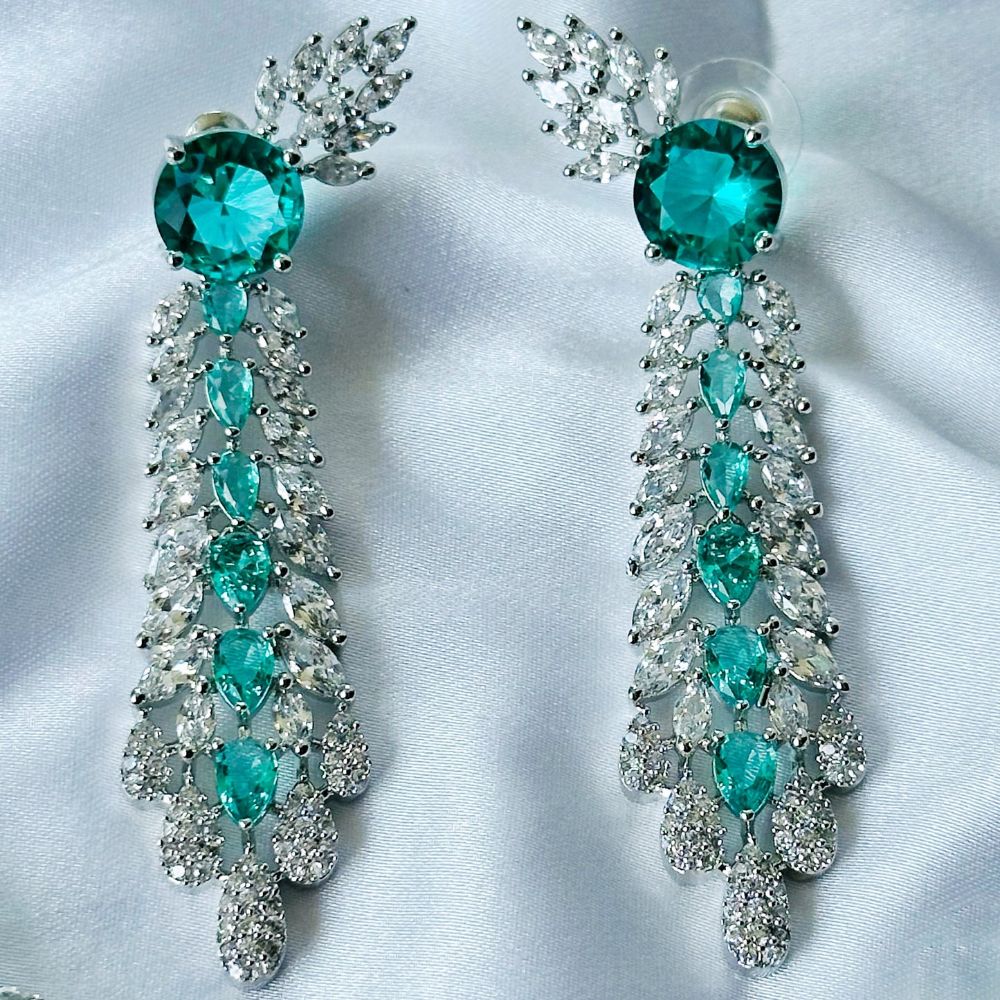 Sea Green Topaz Cubic Zircon Stone American Diamond Silver Plated Necklace Set