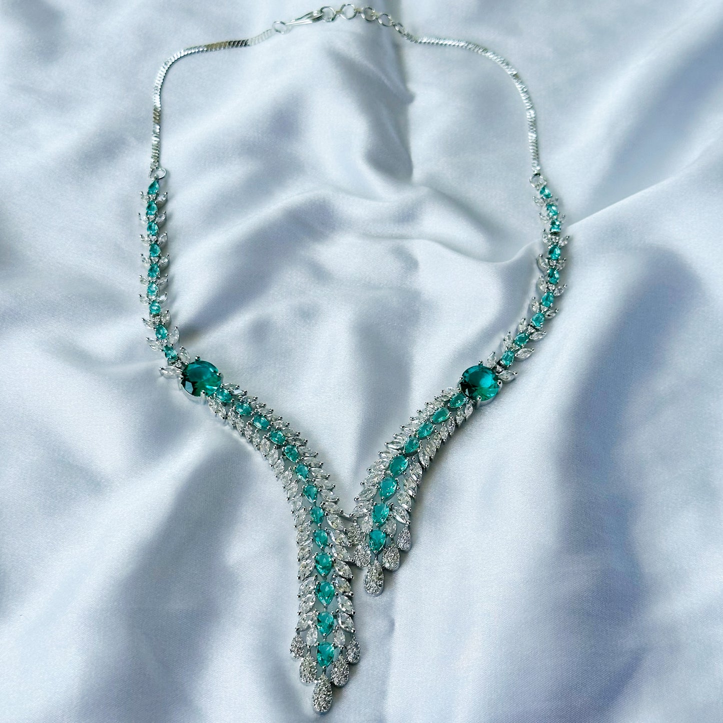 Sea Green Topaz Cubic Zircon Stone American Diamond Silver Plated Necklace Set