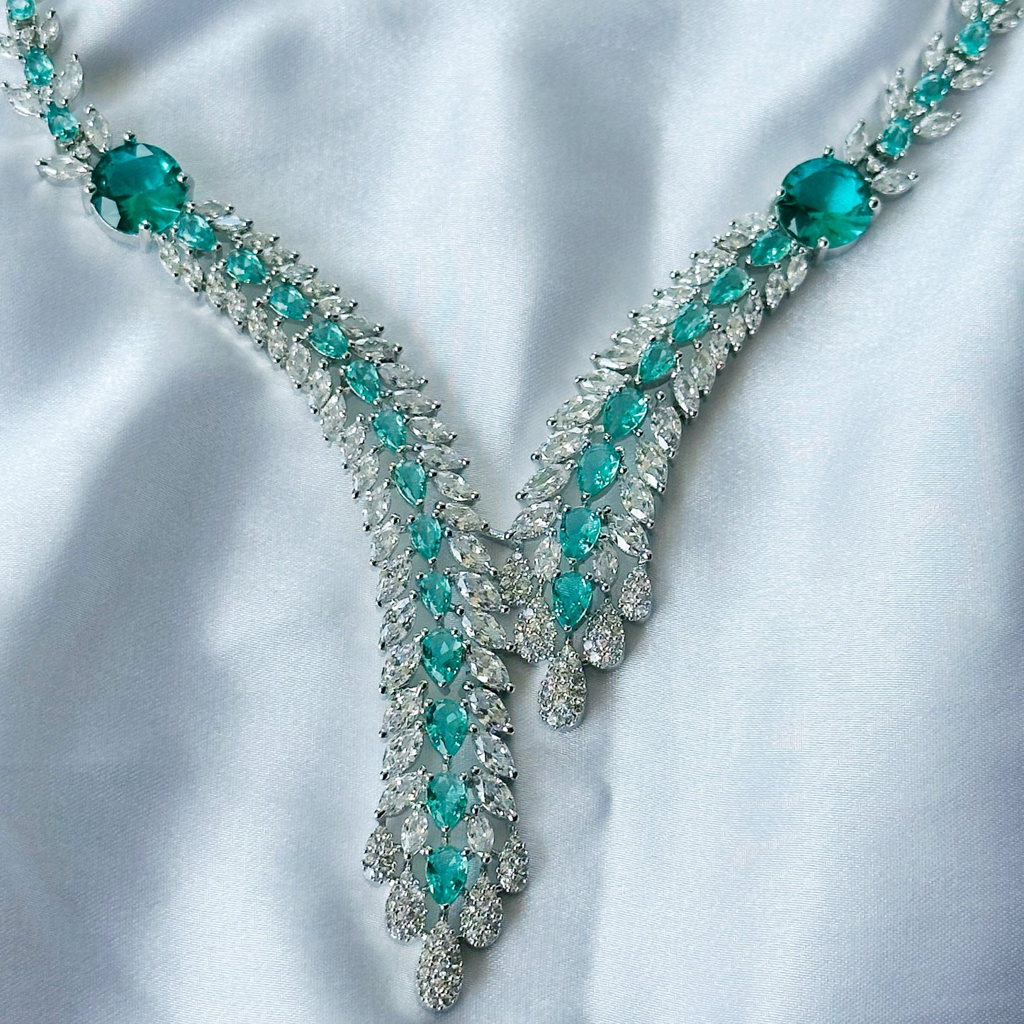 Sea Green Topaz Cubic Zircon Stone American Diamond Silver Plated Necklace Set