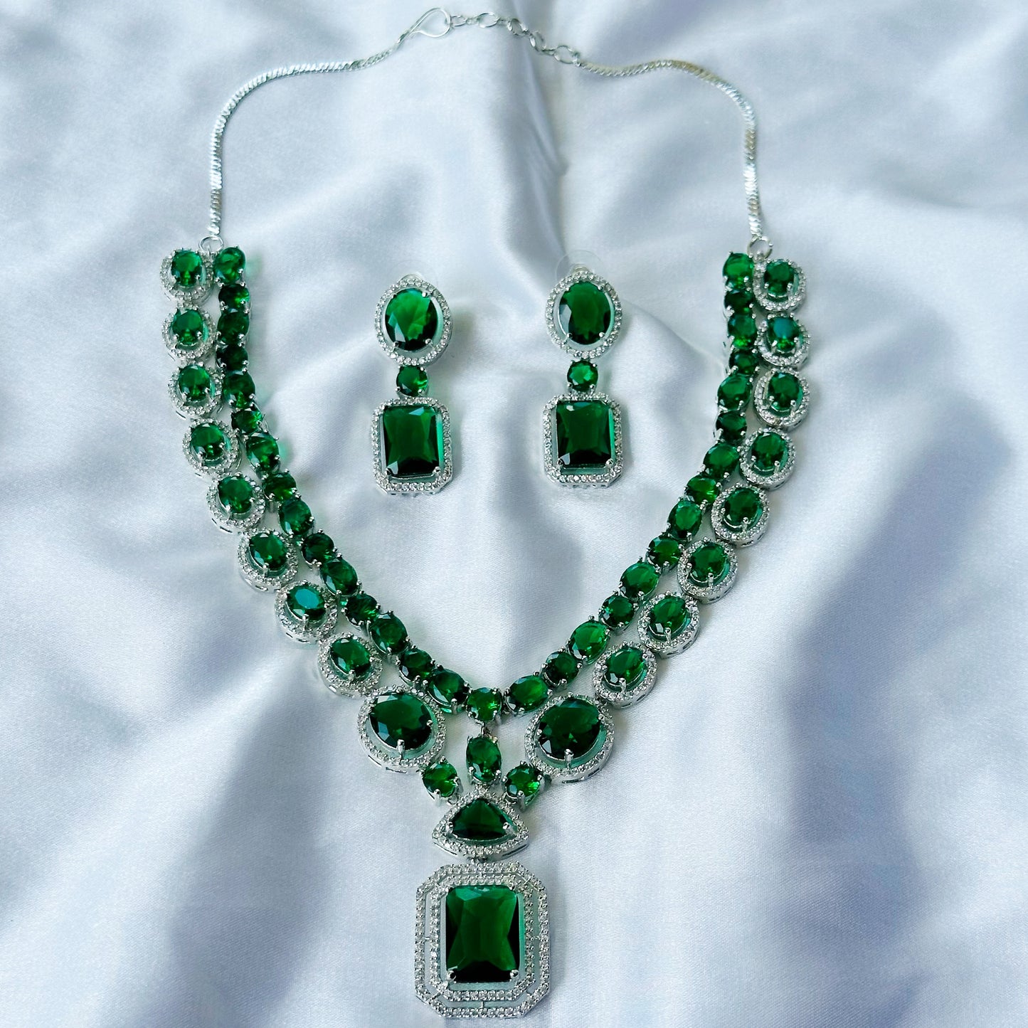 Green Emerald Cubic Zircon Stone American Diamond Silver Plated Necklace Set